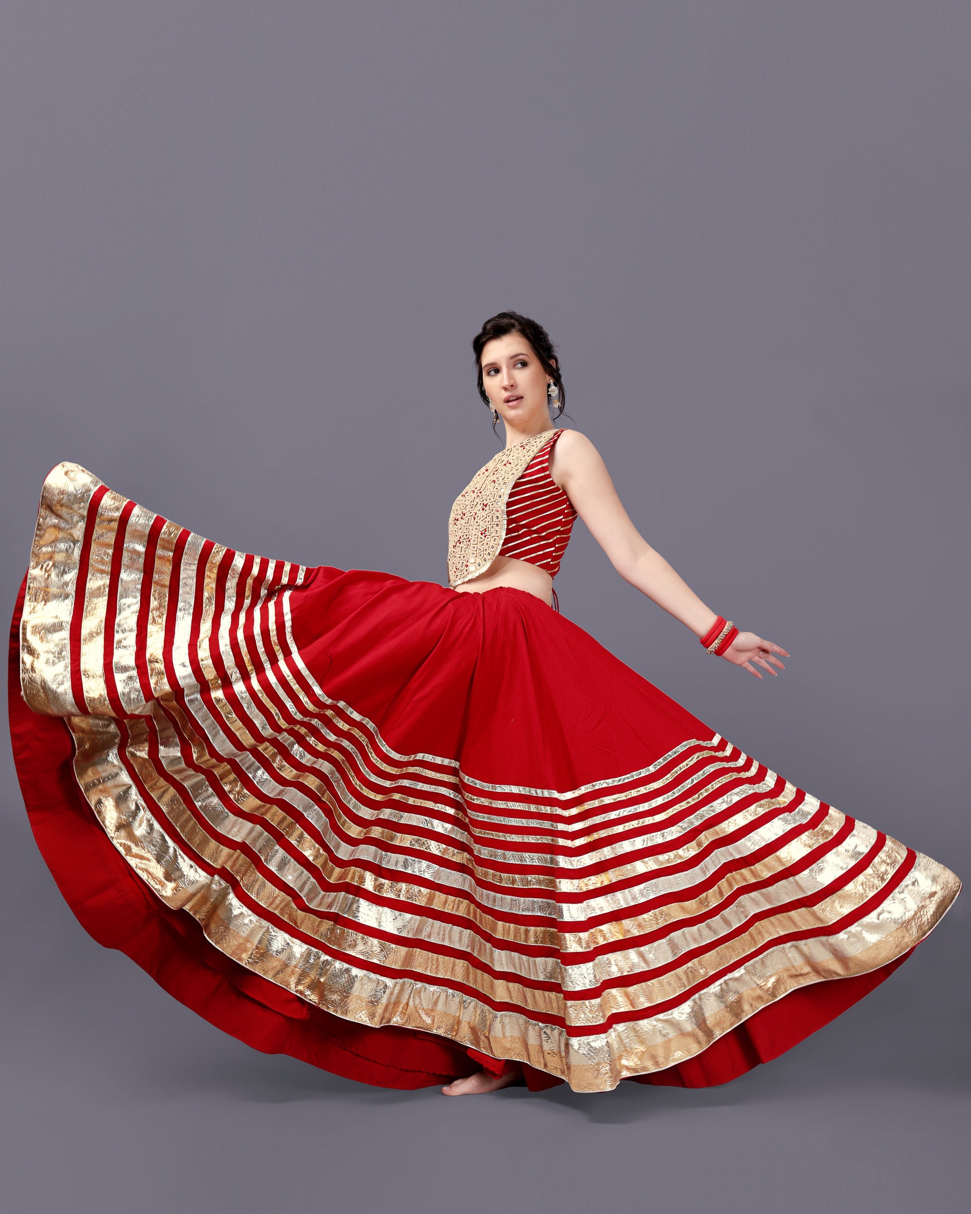 RED AND SKIN MIRROR CHANIYA CHOLI RAAS'25 HANDMADEAHOLIC BY MISHKA