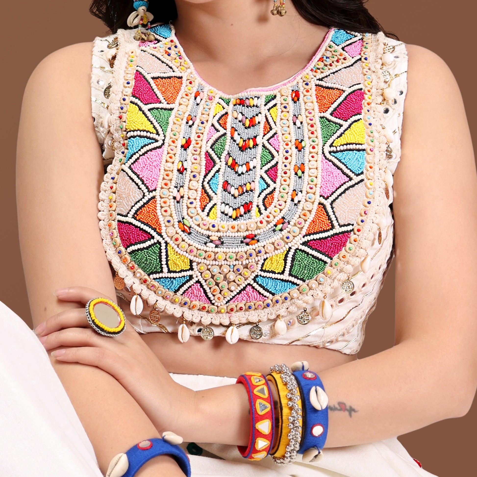 OFF WHITE MULTI MIRROR  CHANIYA CHOLI RAAS'25 HANDMADEAHOLIC BY MISHKA
