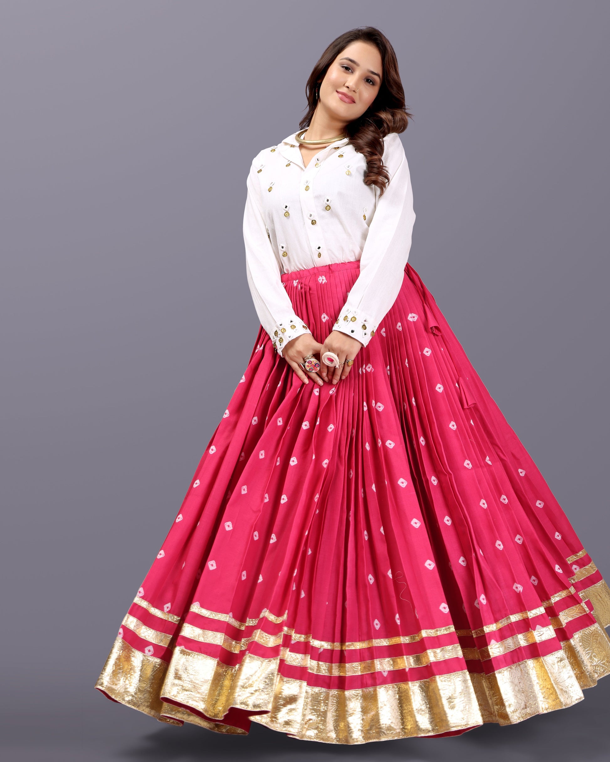 PINK BANDHANI SKIRT WITH WHITE SHIRT RAAS'25 HANDMADEAHOLIC BY MISHKA