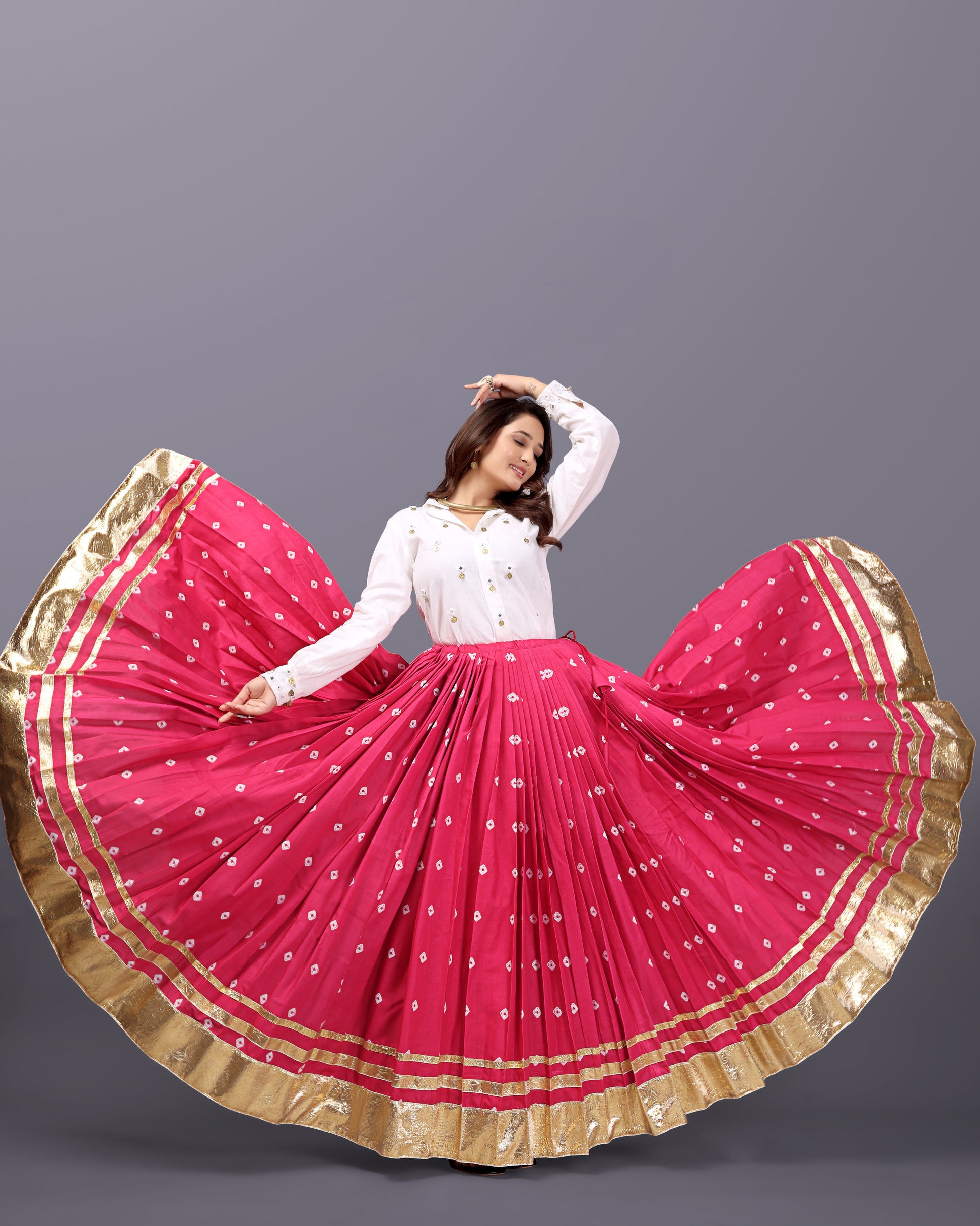 PINK BANDHANI SKIRT WITH WHITE SHIRT RAAS'25 HANDMADEAHOLIC BY MISHKA