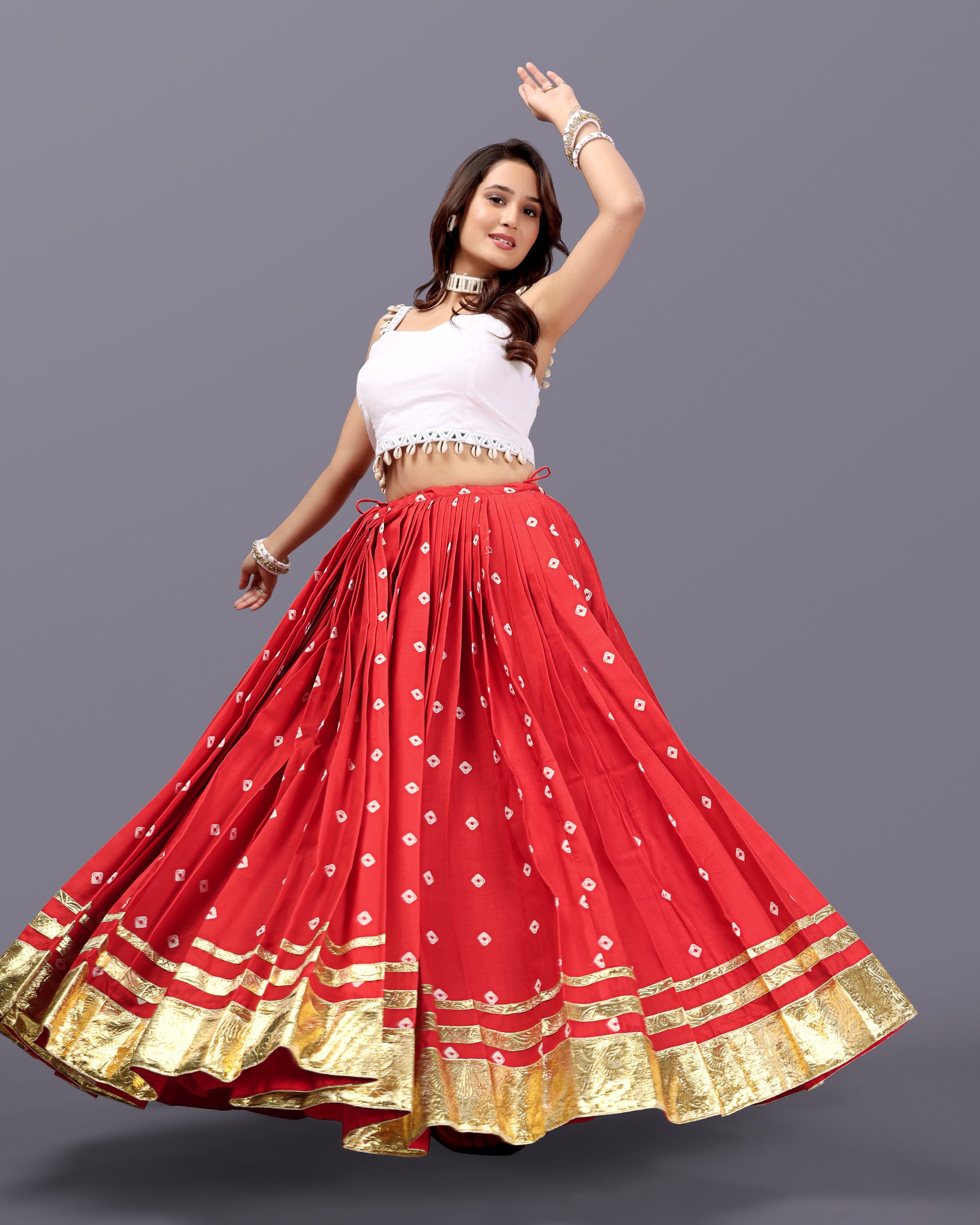 RED BANDHANI SKIRT WITH WHITE BLOUSE CHANIYA CHOLI RAAS'25 HANDMADEAHOLIC BY MISHKA