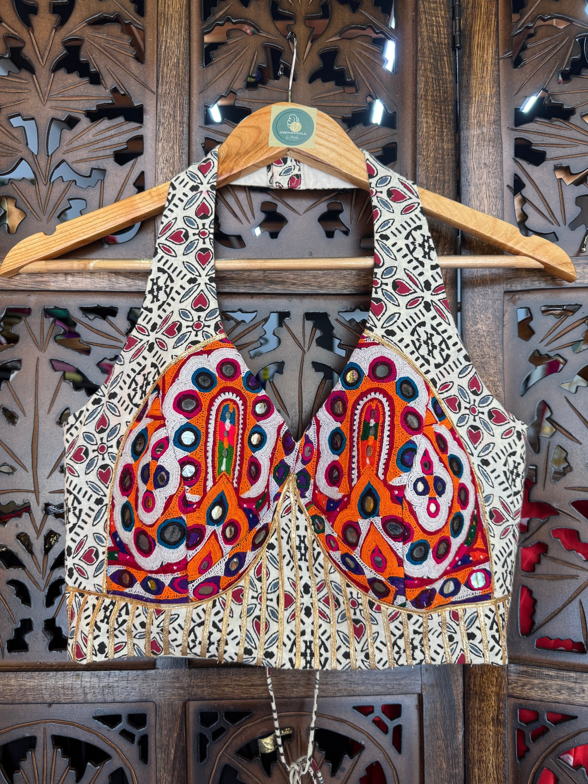 WHITE AJRAKH HULTER BLOUSE HANDMADEAHOLIC BY MISHKA