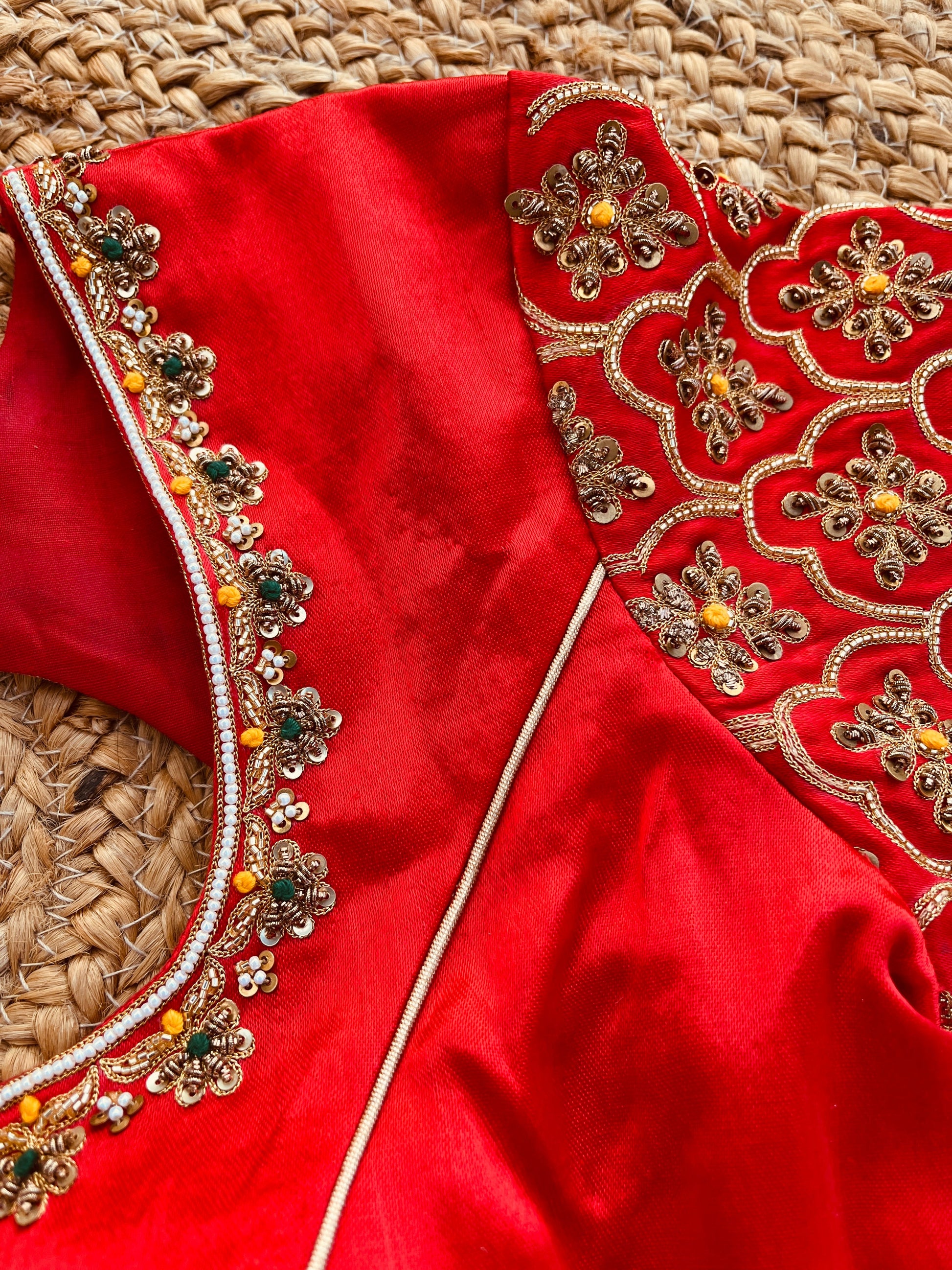 RED HEAVY HANDWORK ROUND NECK BLOUSE HANDMADEAHOLIC BY MISHKA