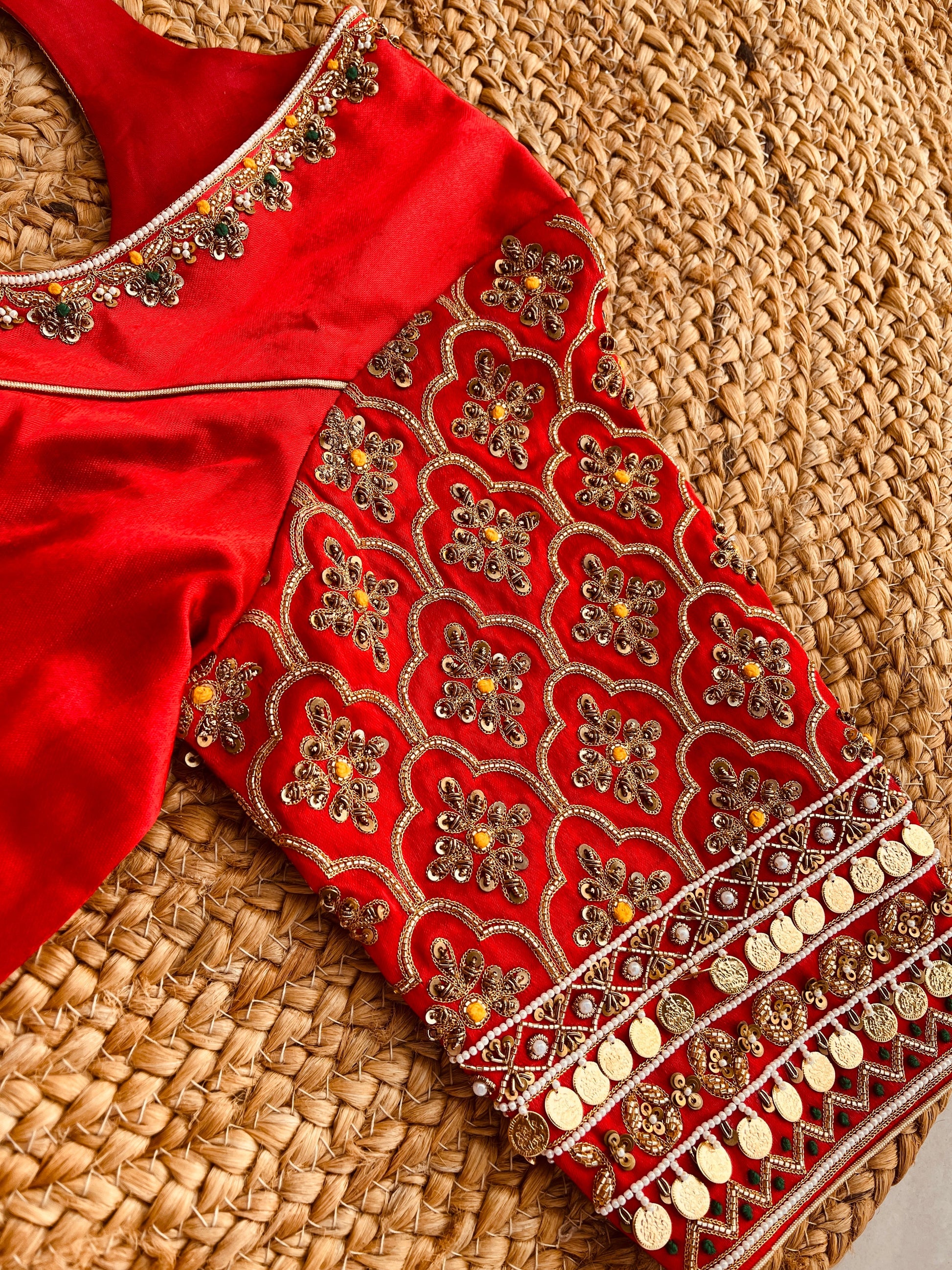RED HEAVY HANDWORK ROUND NECK BLOUSE HANDMADEAHOLIC BY MISHKA