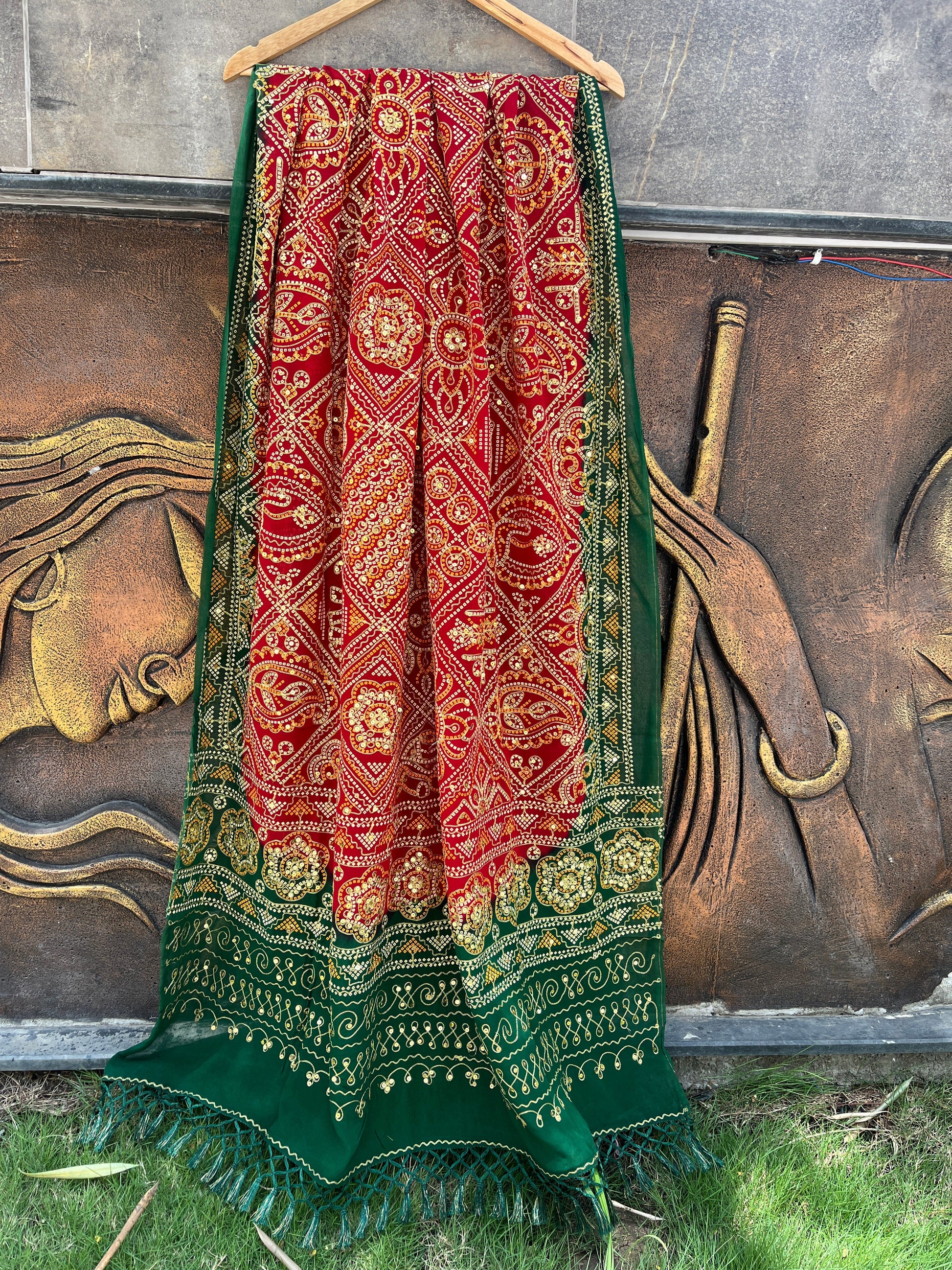 RED GREEN VINTAGE WORK DUPATTA HANDMADEAHOLIC BY MISHKA
