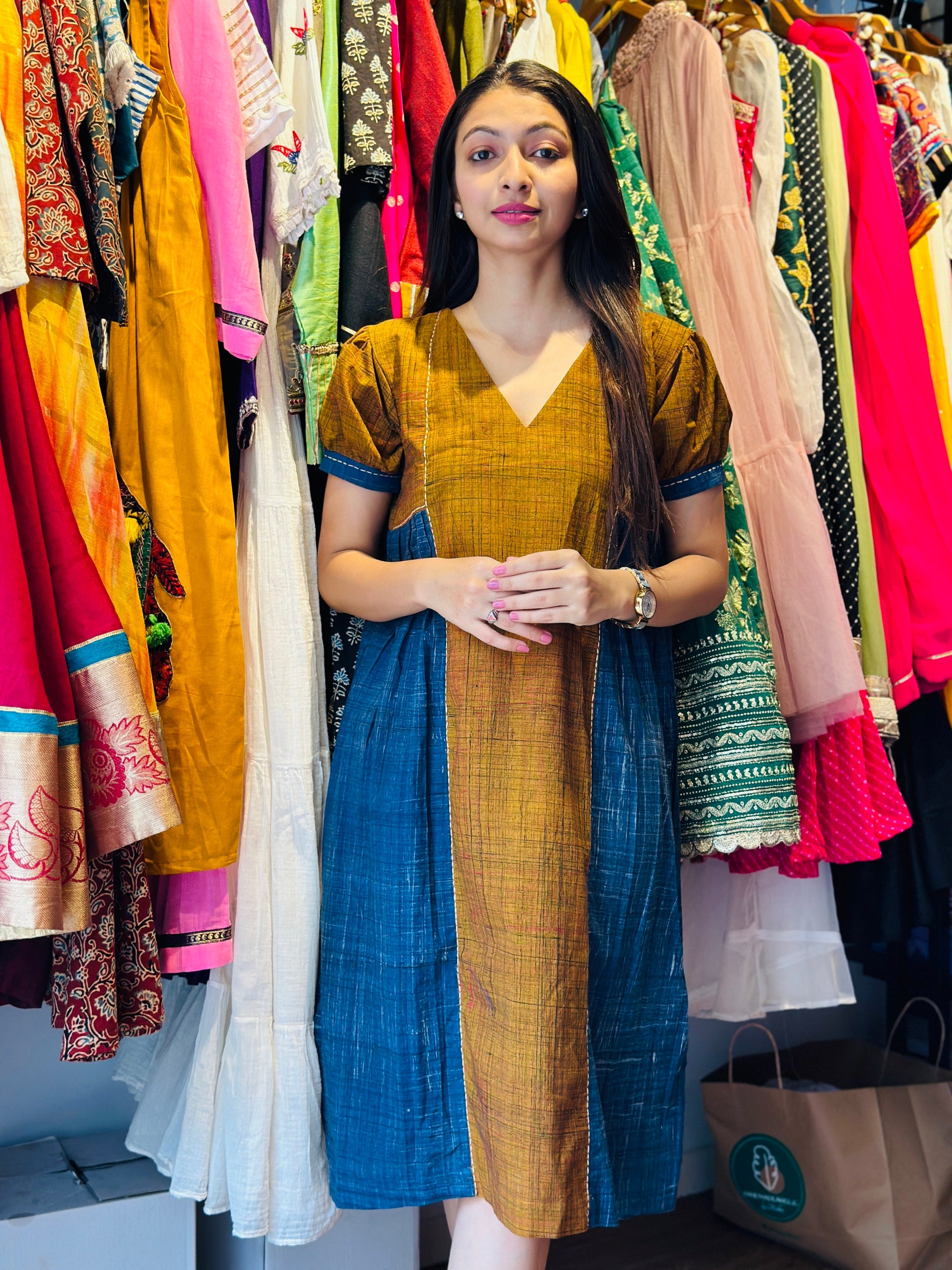 MUSTARD & BLUE BRUSH PRINT KURTIES HANDMADEAHOLIC BY MISHKA