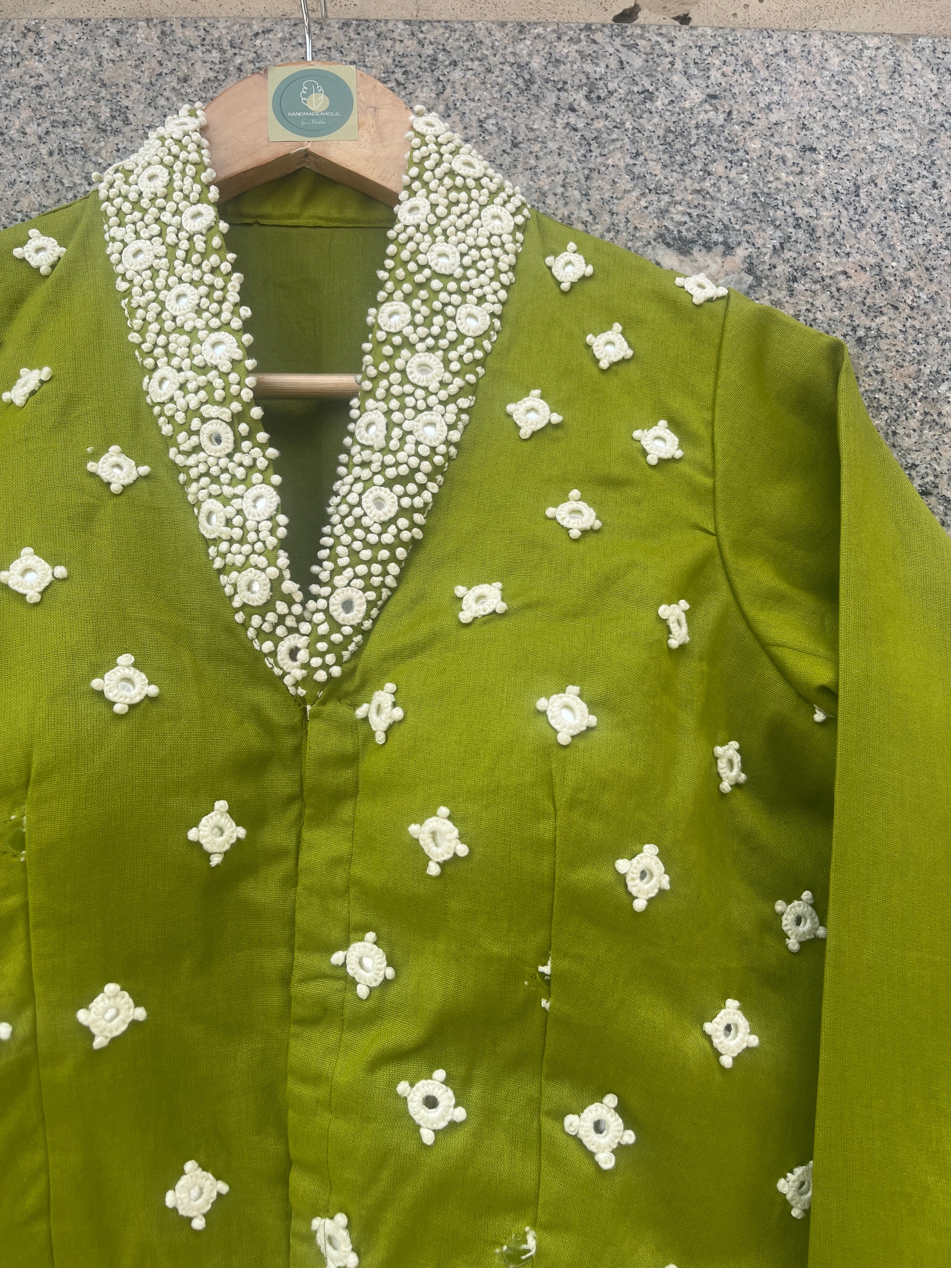 PARROT GREEN HANDWORK JACKET-STYLE COLLAR BLOUSE - handmadeaholicmishka