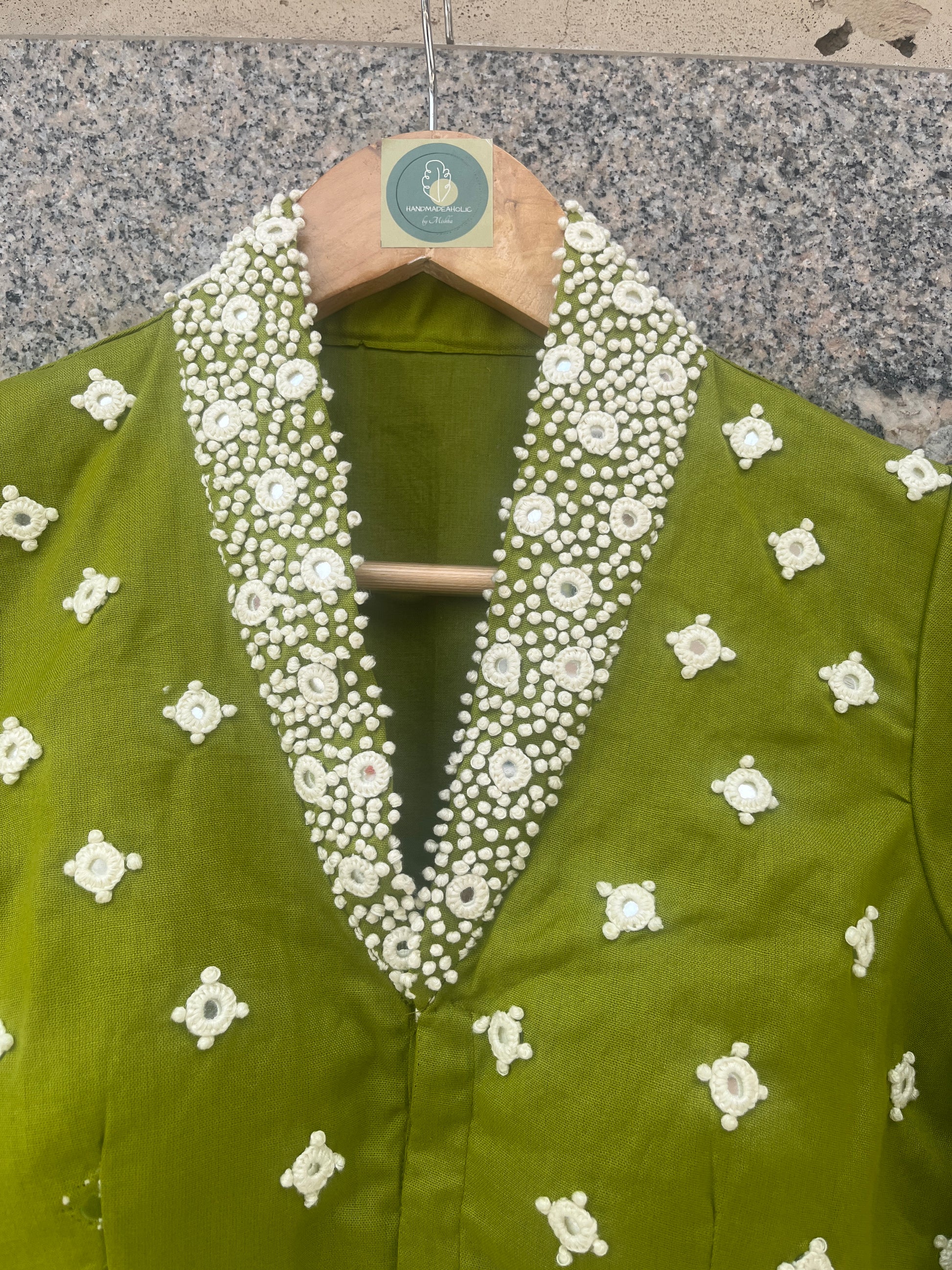 PARROT GREEN HANDWORK JACKET-STYLE COLLAR BLOUSE - handmadeaholicmishka