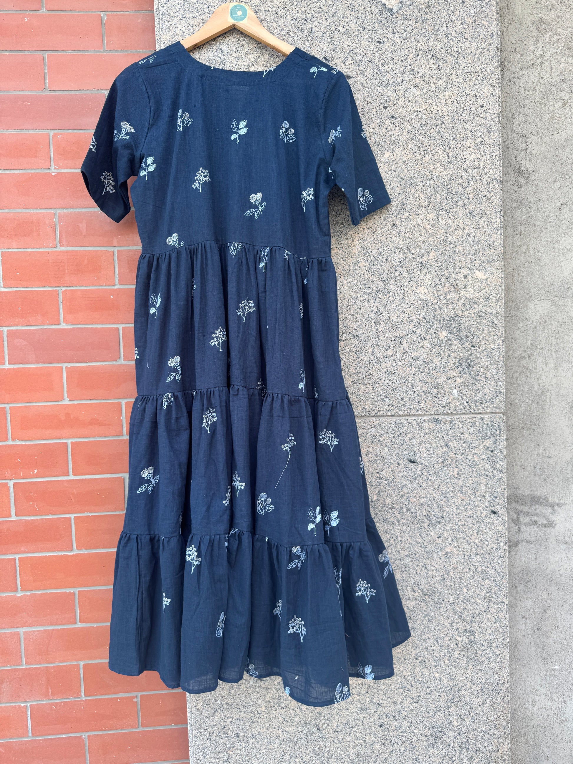BLUE EMBROIDERY GATHERING LINEN DRESS HANDMADEAHOLIC BY MISHKA
