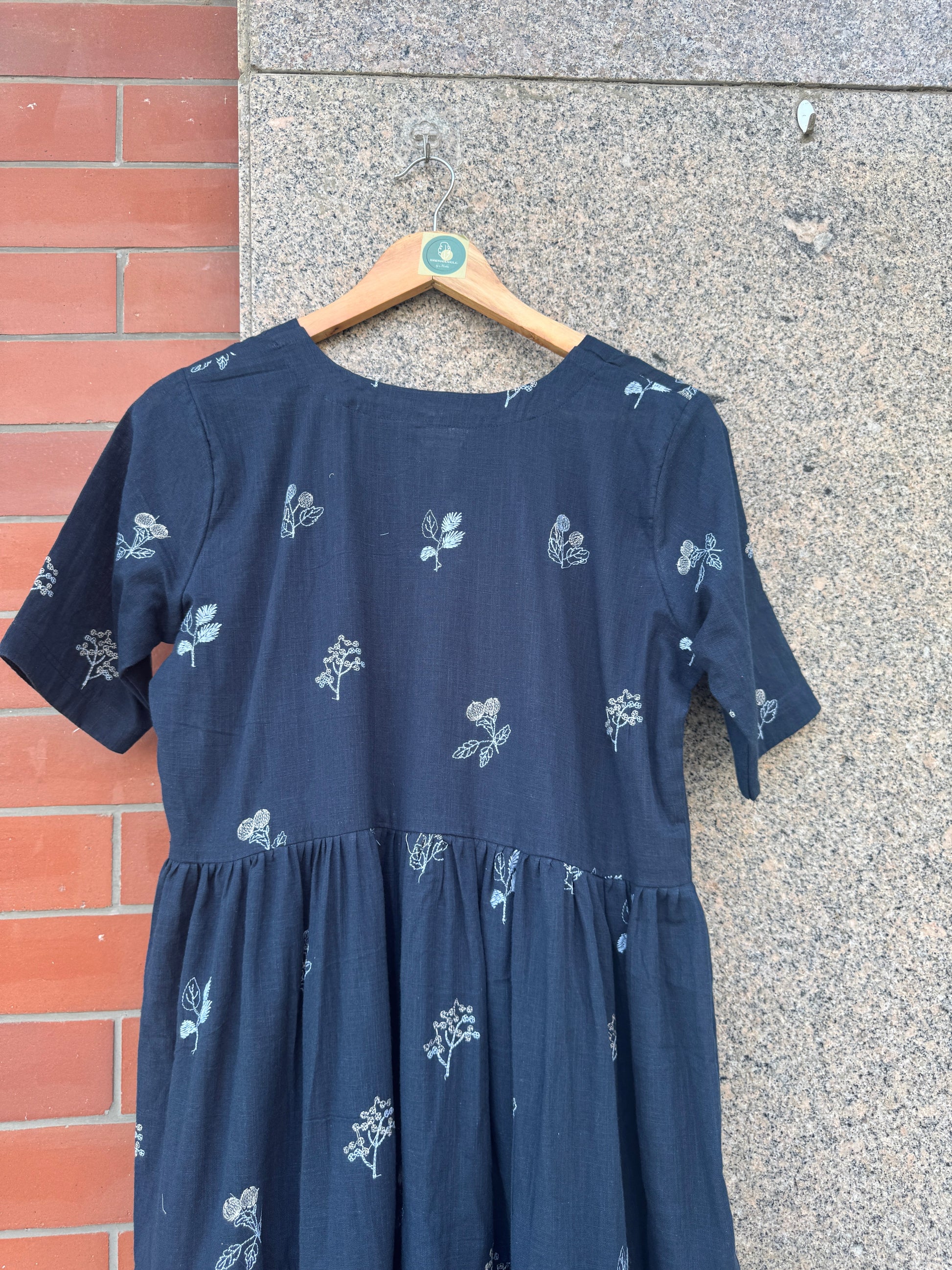 BLUE EMBROIDERY GATHERING LINEN DRESS HANDMADEAHOLIC BY MISHKA