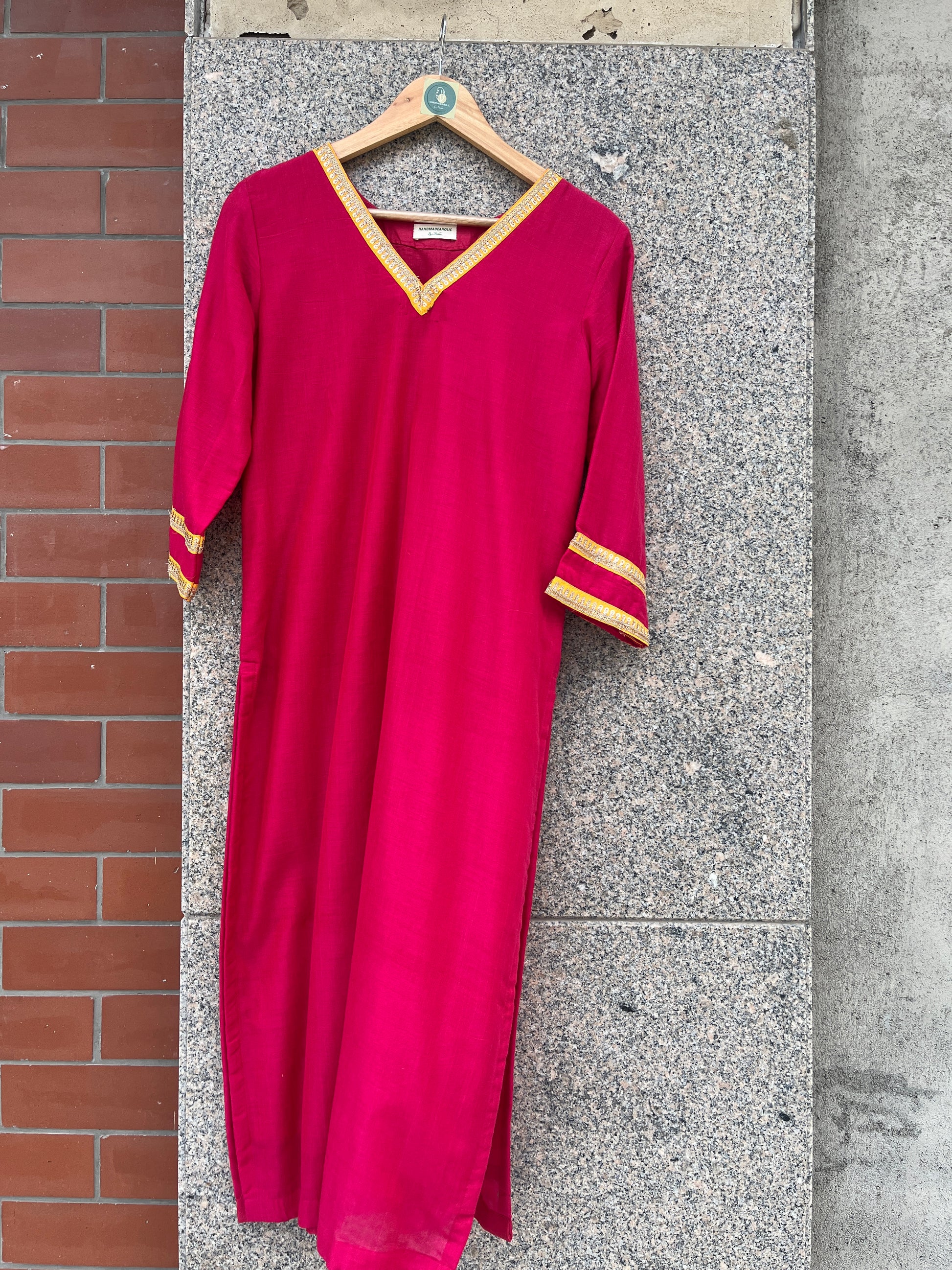 DARK PINK COTTON BLEND STRAIGHT CUT KURTI - handmadeaholicmishka