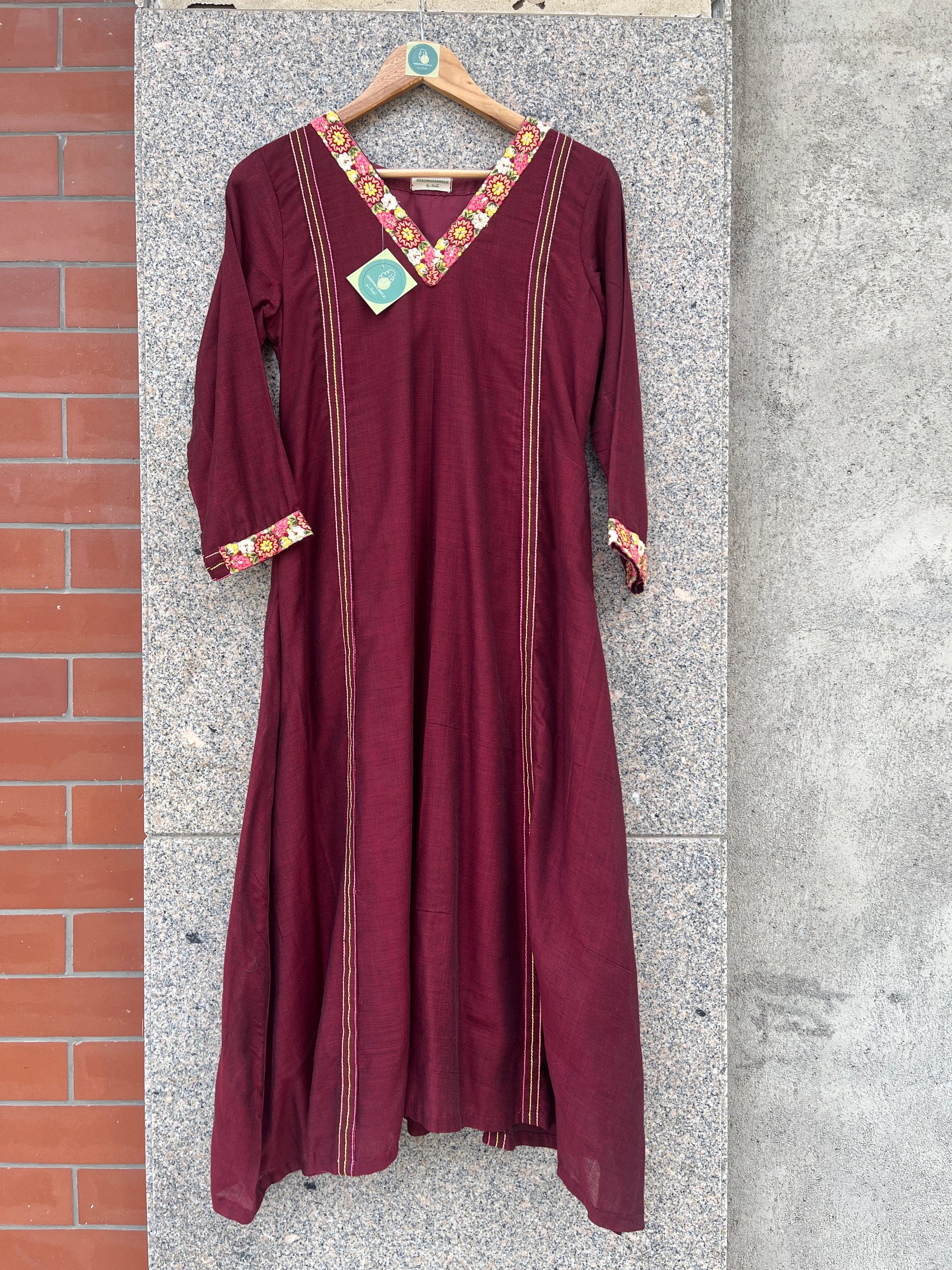 V- NECK MAROON KHADI COTTON A-LINE KURTI - handmadeaholicmishka