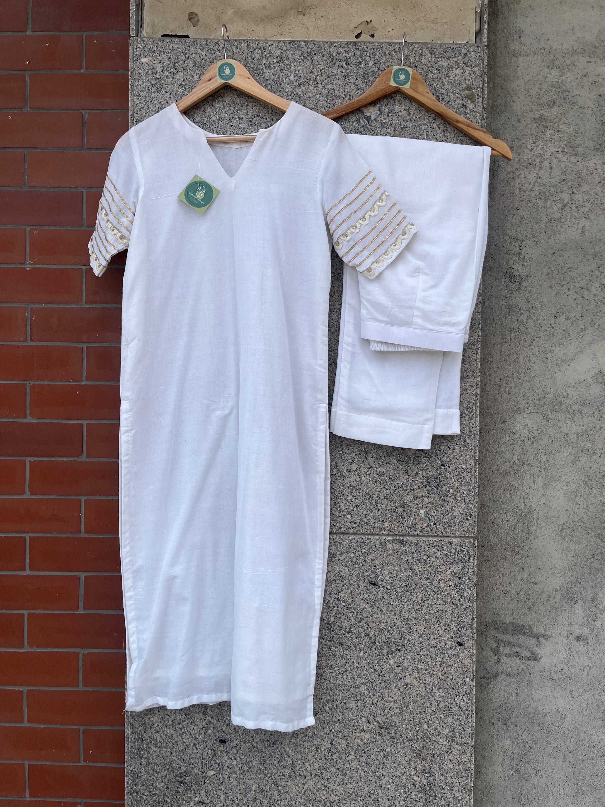 WHITE V- NECK STRAIGHT CUT KURTI AND PANT - handmadeaholicmishka