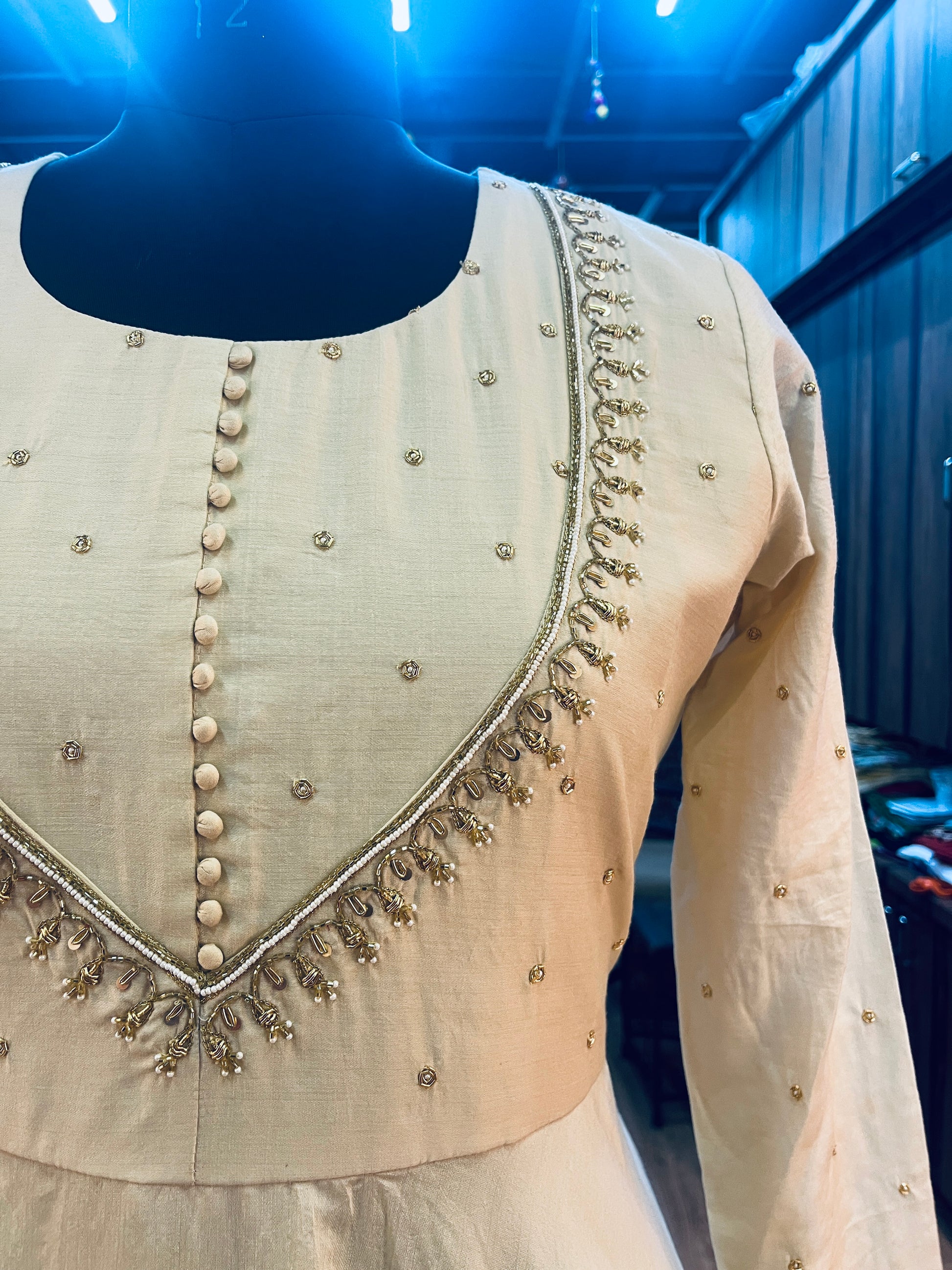 OFF WHITE PURE CHANDERI SILK ANARKALI HANDWORK SUIT SET - handmadeaholicmishka