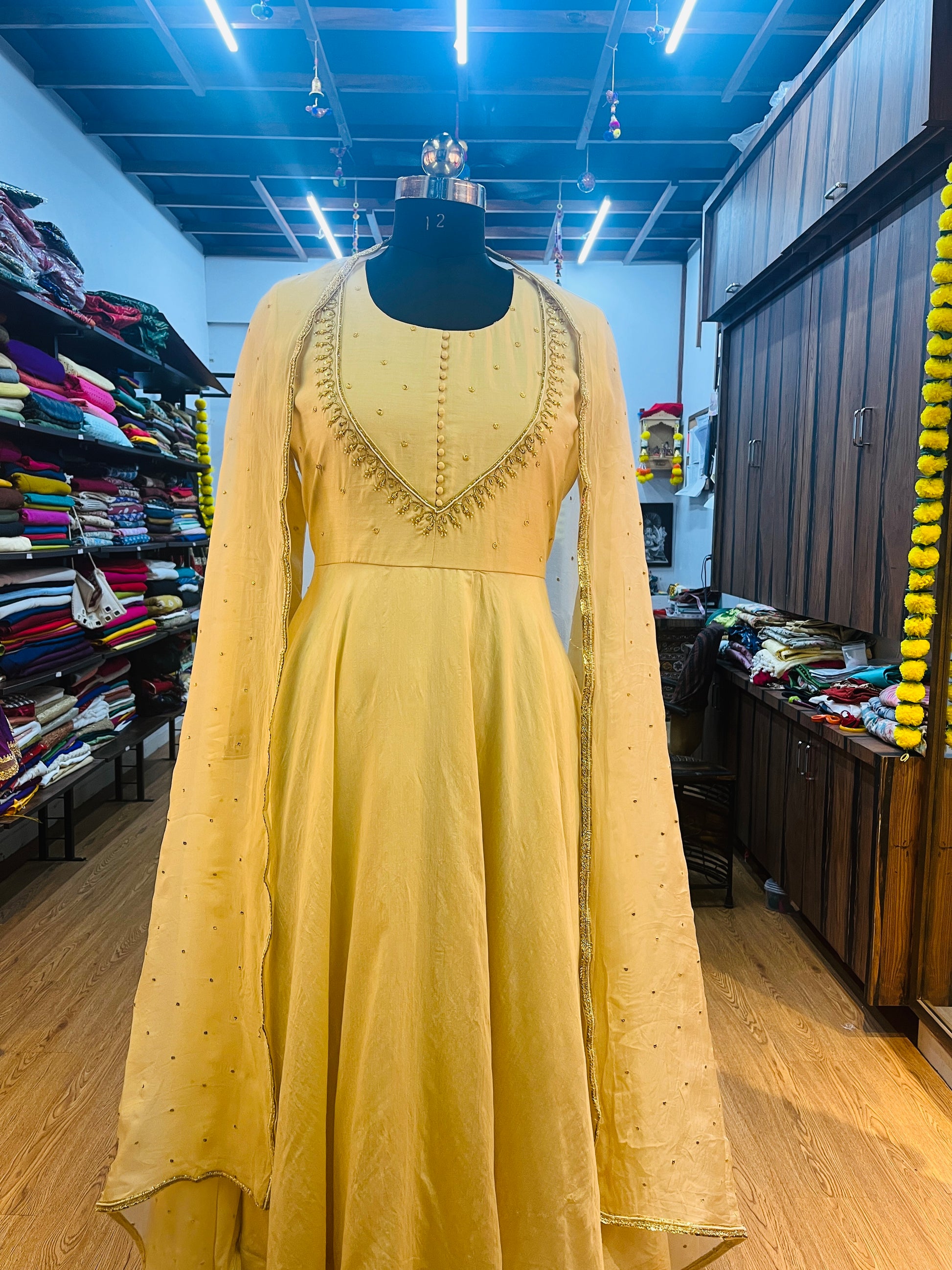 OFF WHITE PURE CHANDERI SILK ANARKALI HANDWORK SUIT SET - handmadeaholicmishka