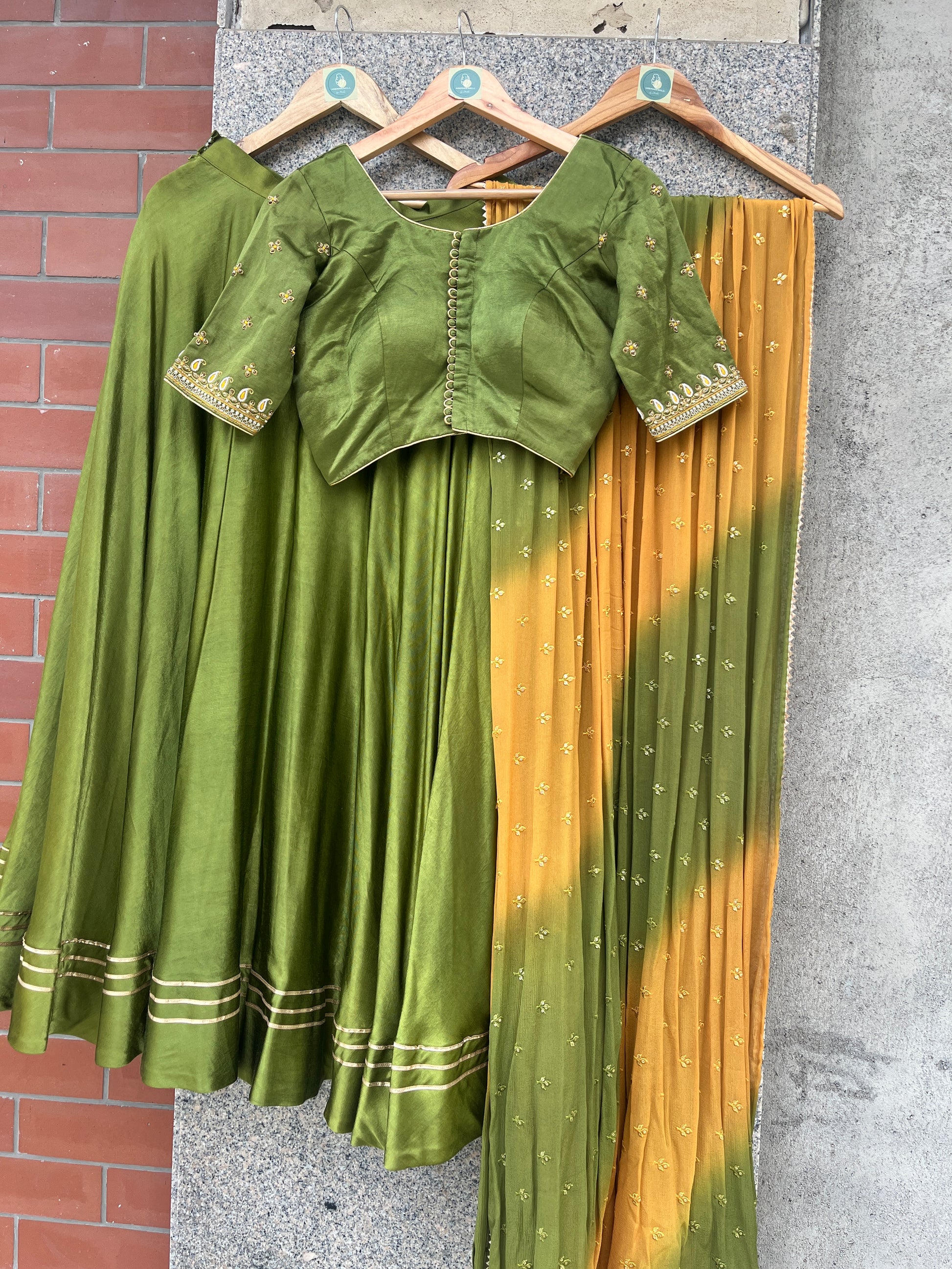 DOUBLE UMBRELLA MAHENDI GREEN GAJI SILK SKIRT - handmadeaholicmishka
