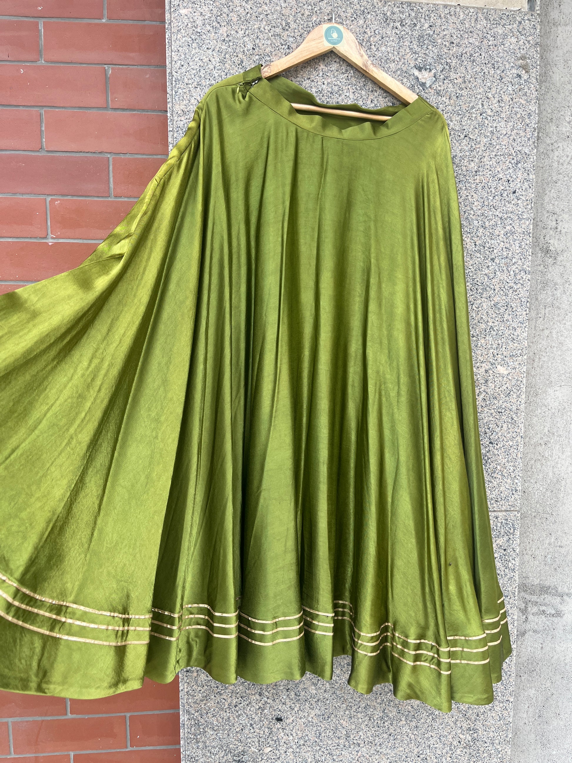 DOUBLE UMBRELLA MAHENDI GREEN GAJI SILK SKIRT - handmadeaholicmishka