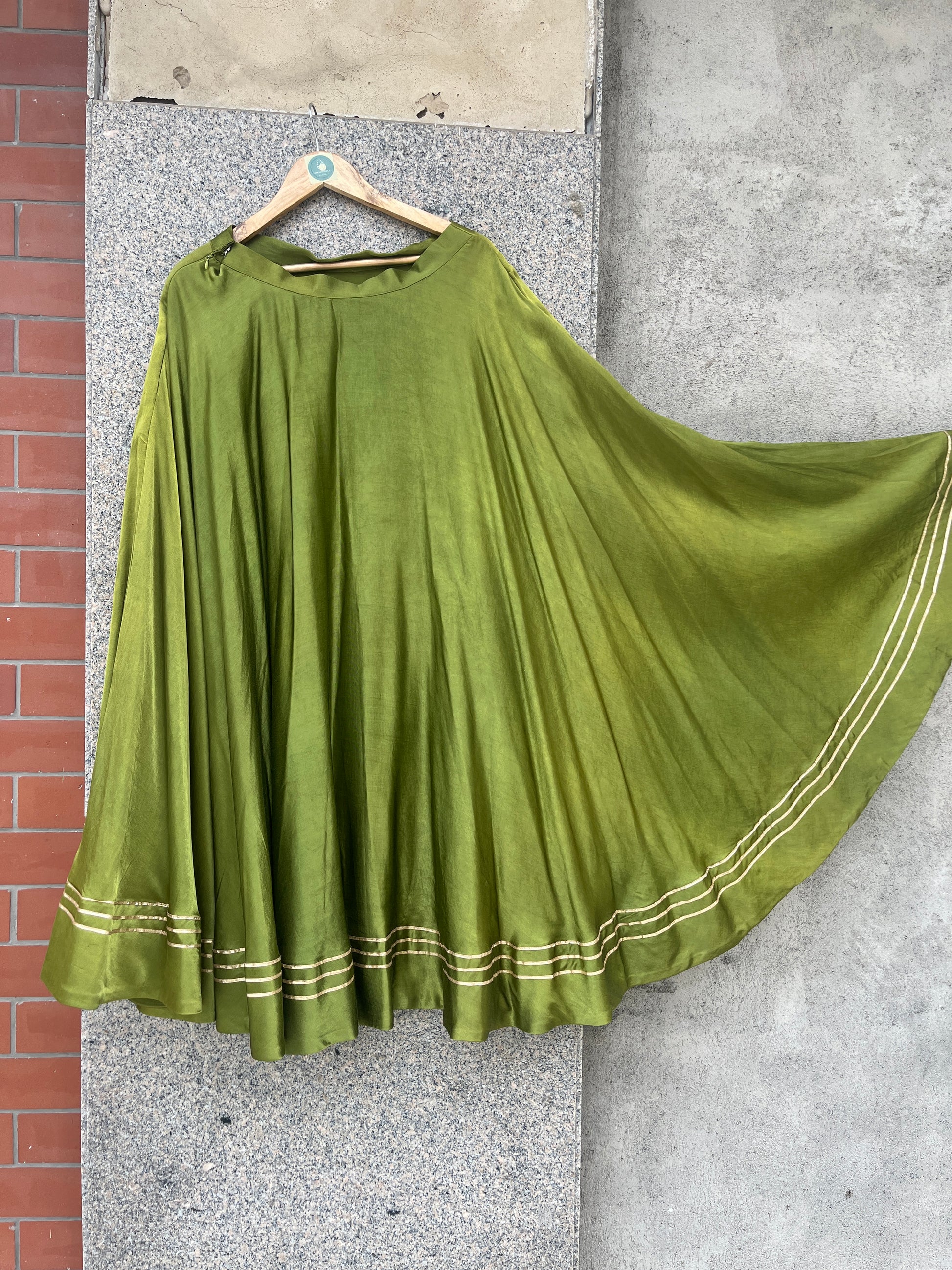 DOUBLE UMBRELLA MAHENDI GREEN GAJI SILK SKIRT - handmadeaholicmishka