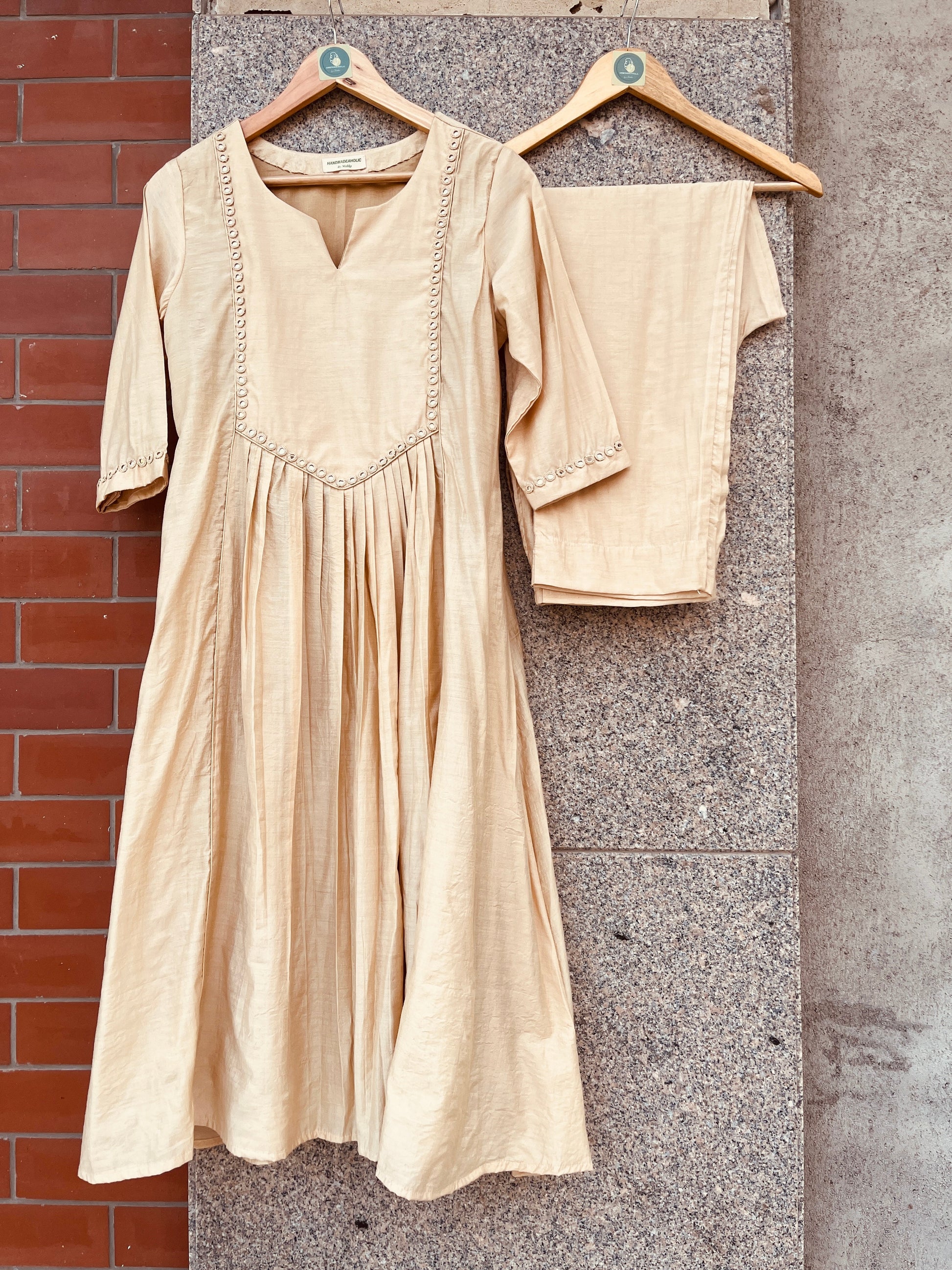 BEIGE COLOR MIRROR WORK CHANDERI SILK DRESS WITH PANT HANDMADEAHOLIC BY MISHKA