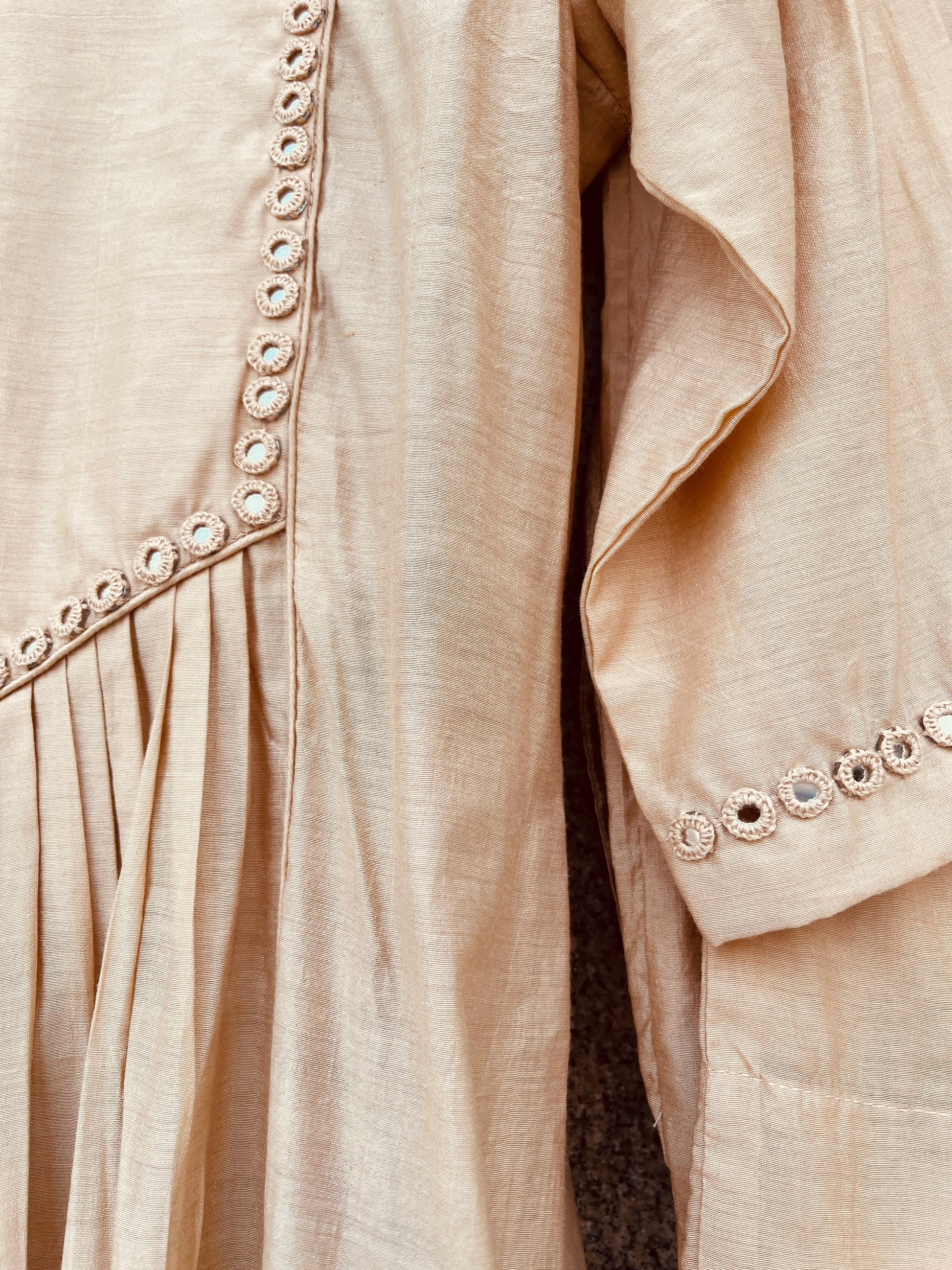 BEIGE COLOR MIRROR WORK CHANDERI SILK DRESS WITH PANT HANDMADEAHOLIC BY MISHKA