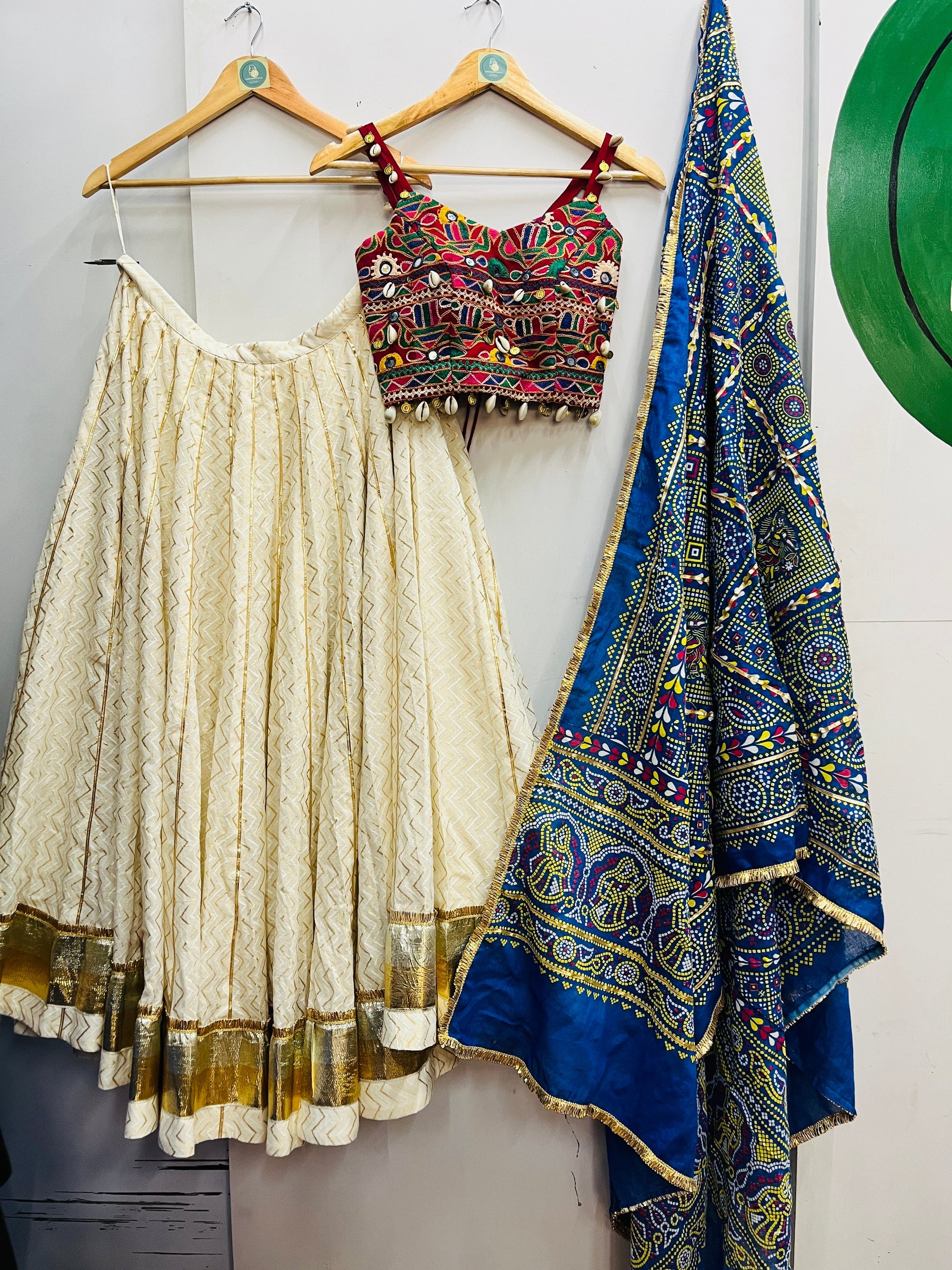 OFF WHITE AND BLUE BANDHANI CHANIYA CHOLI HANDMADEAHOLIC BY MISHKA