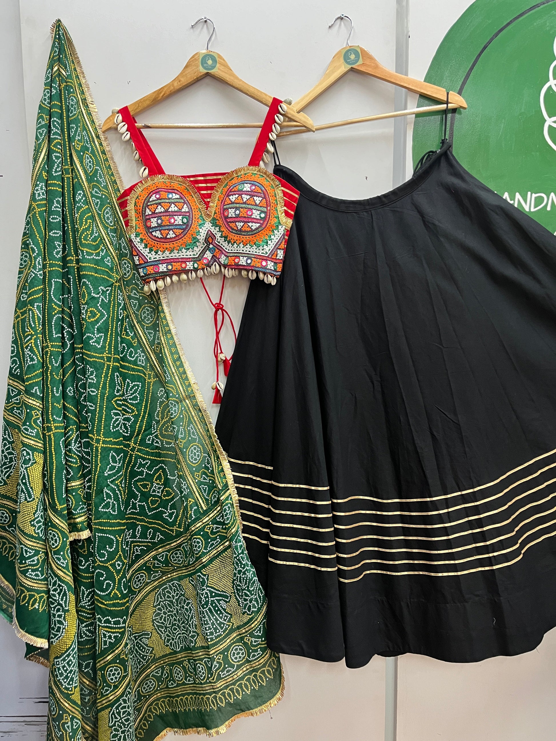 BLACK AND RED, GREEN BANDHANI CHANIYA CHOLI HANDMADEAHOLIC BY MISHKA