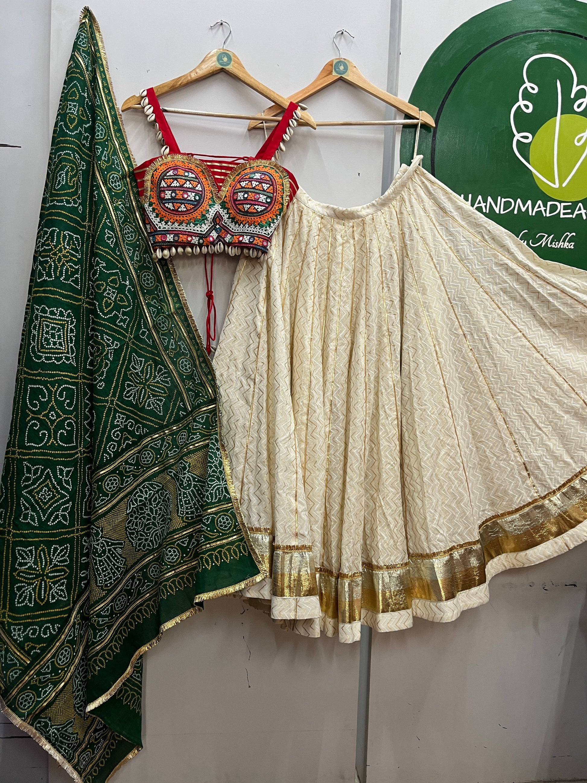 OFF WHITE AND RED, GREEN BANDHANI CHANIYA CHOLI HANDMADEAHOLIC BY MISHKA