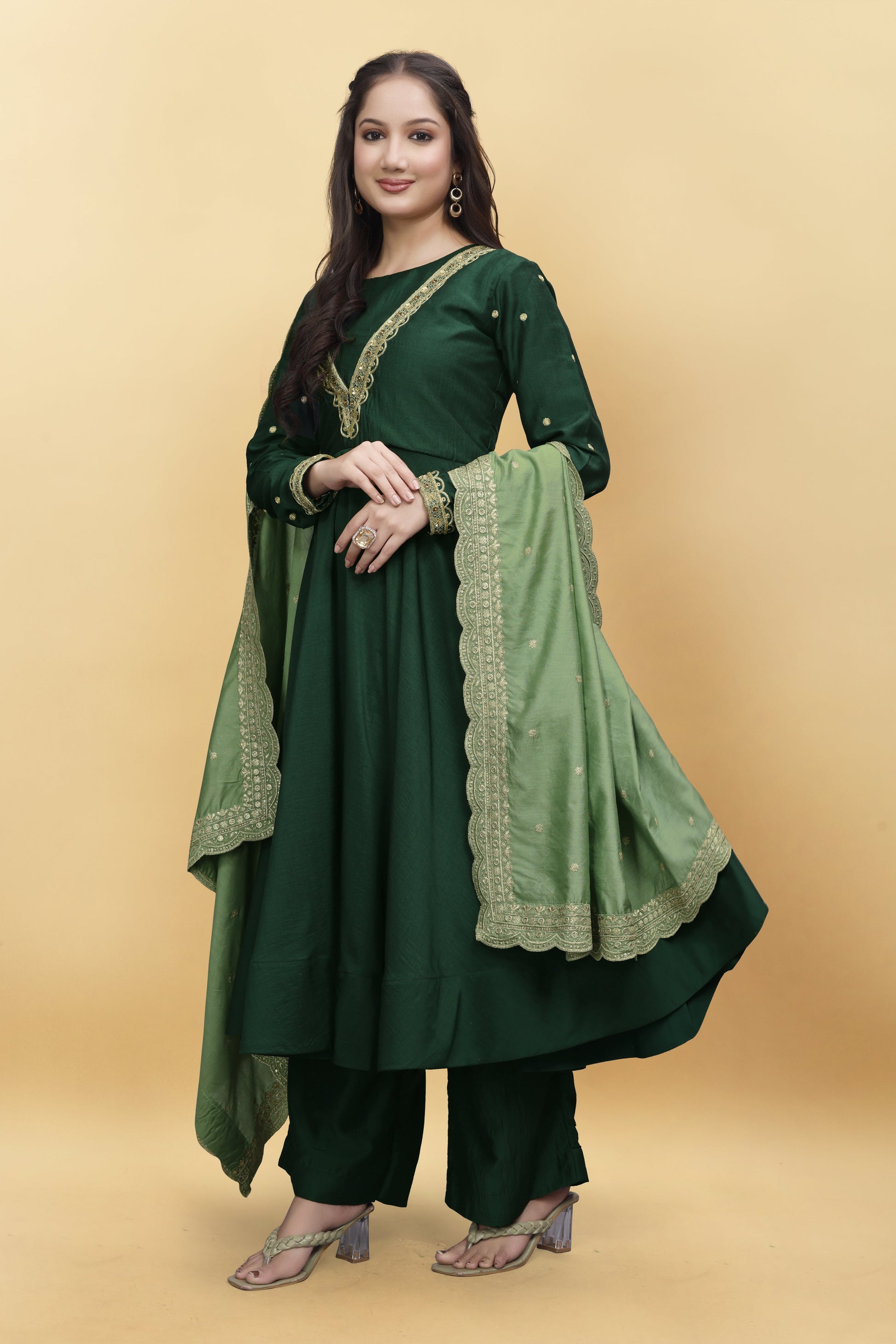 GREEN SILK ANARKALI HANDWORK SUIT HANDMADEAHOLIC BY MISHKA