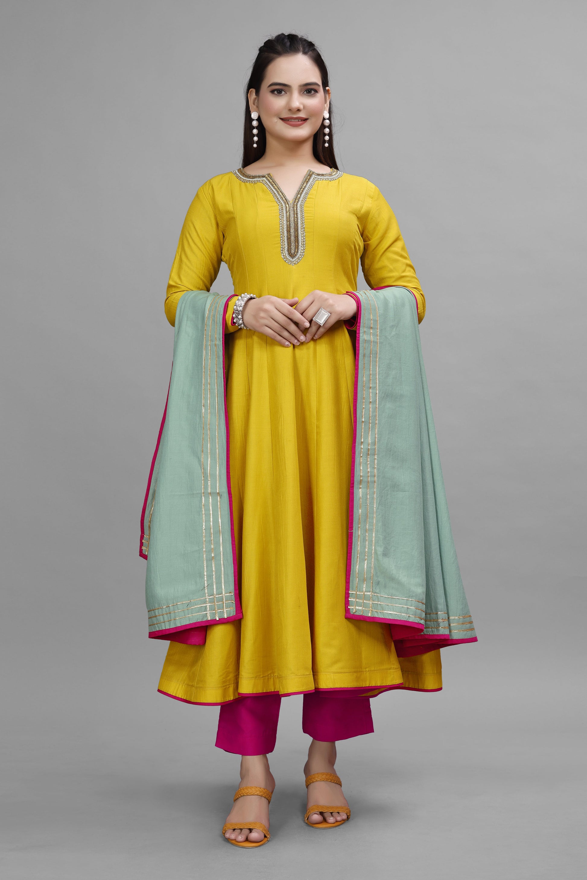 YELLOW AND PINK HANDWORK ANARKALI SUIT SET HANDMADEAHOLIC BY MISHKA