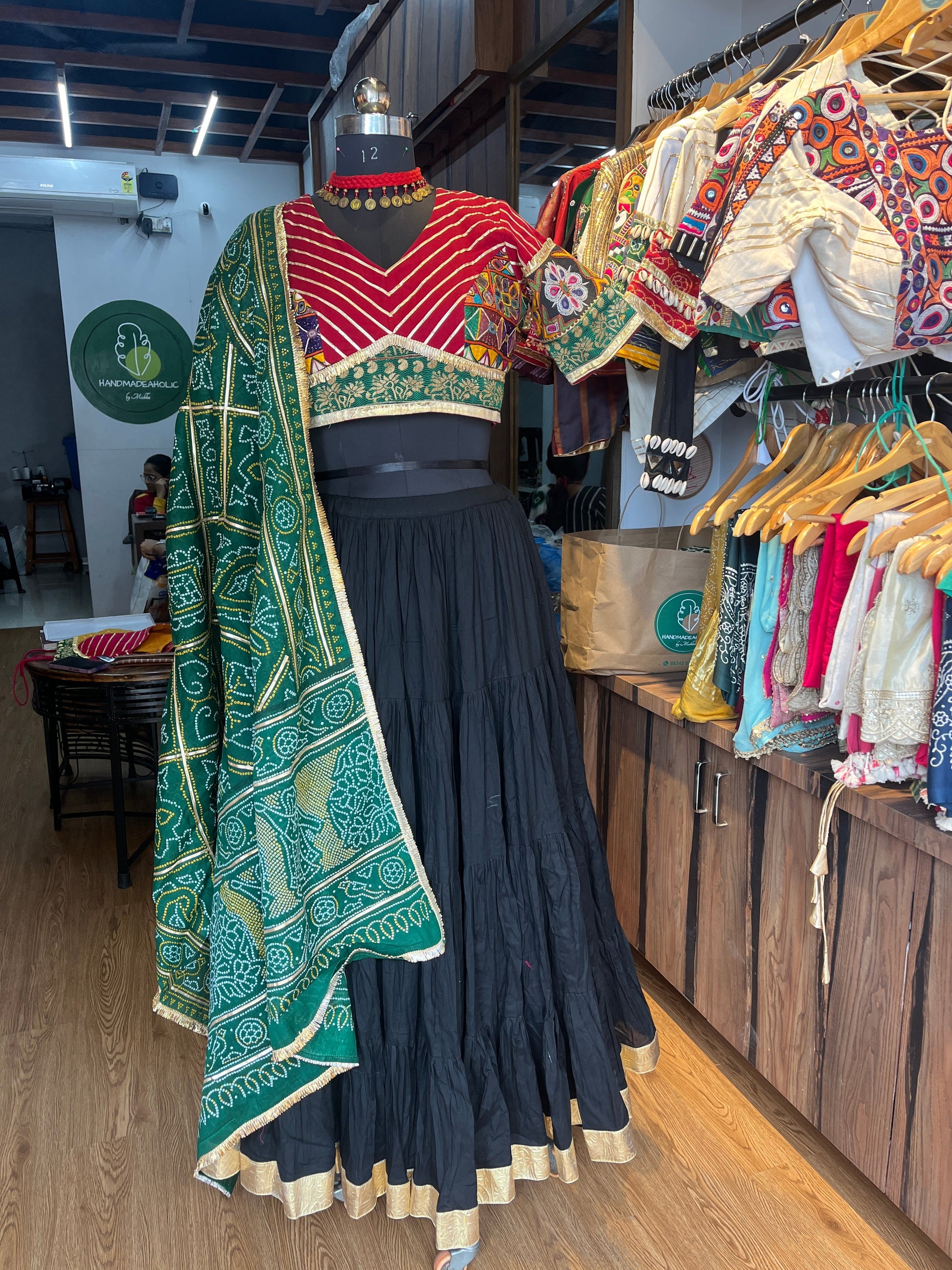 MAROON AND BLACK, GREEN BANDHANI CHANIYA CHOLI HANDMADEAHOLIC BY MISHKA