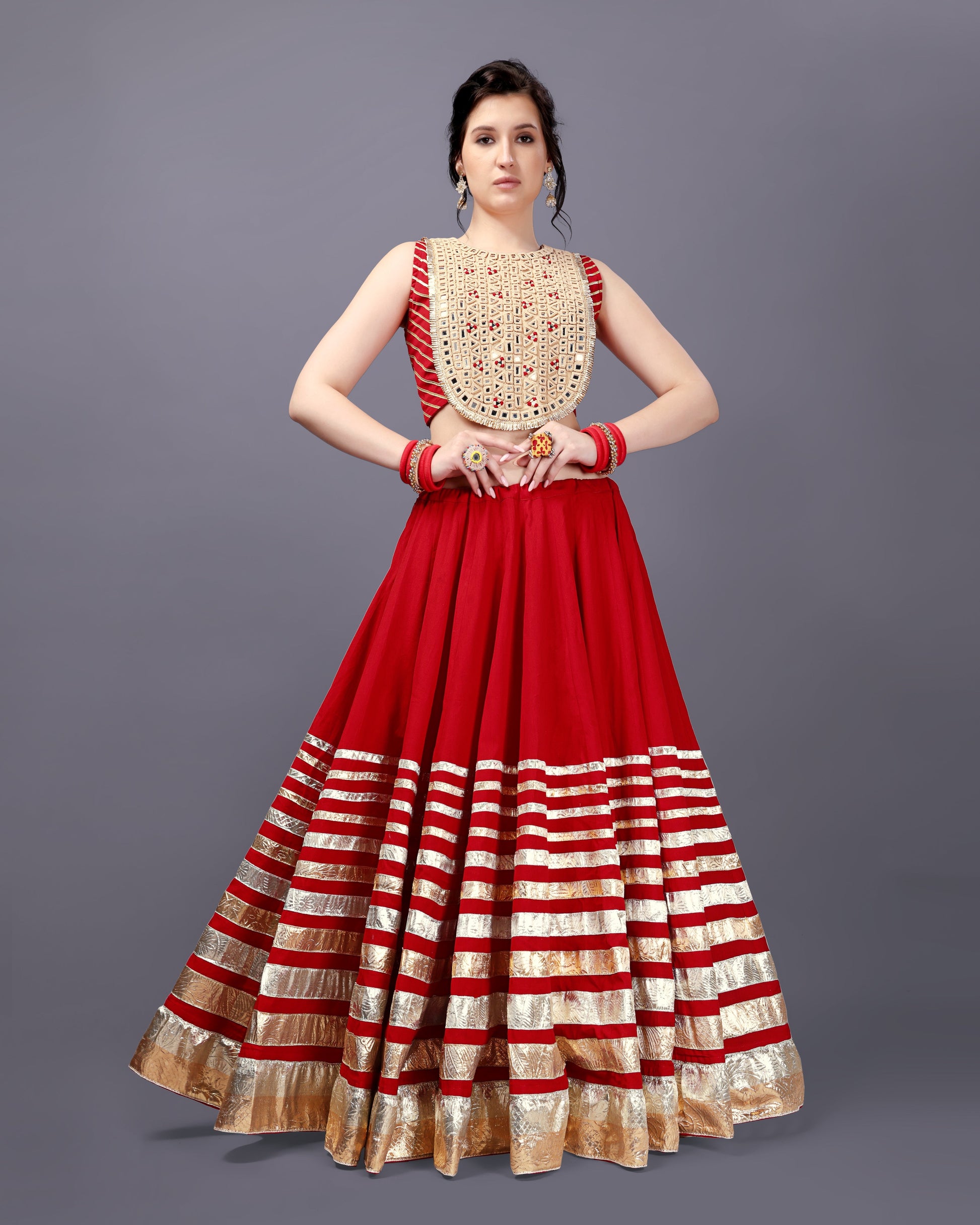 RED AND SKIN MIRROR CHANIYA CHOLI RAAS'25 HANDMADEAHOLIC BY MISHKA