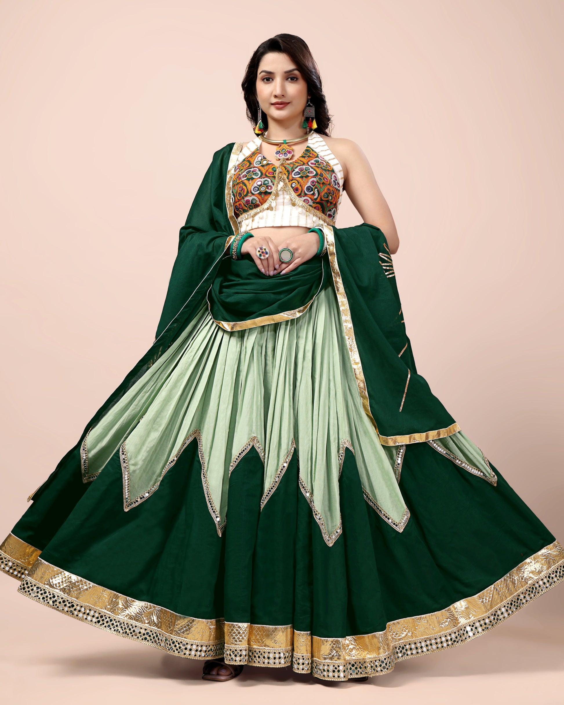 GREEN SKIRT WITH WHITE BLOUSE CHANIYA CHOLI RAAS'25 HANDMADEAHOLIC BY MISHKA