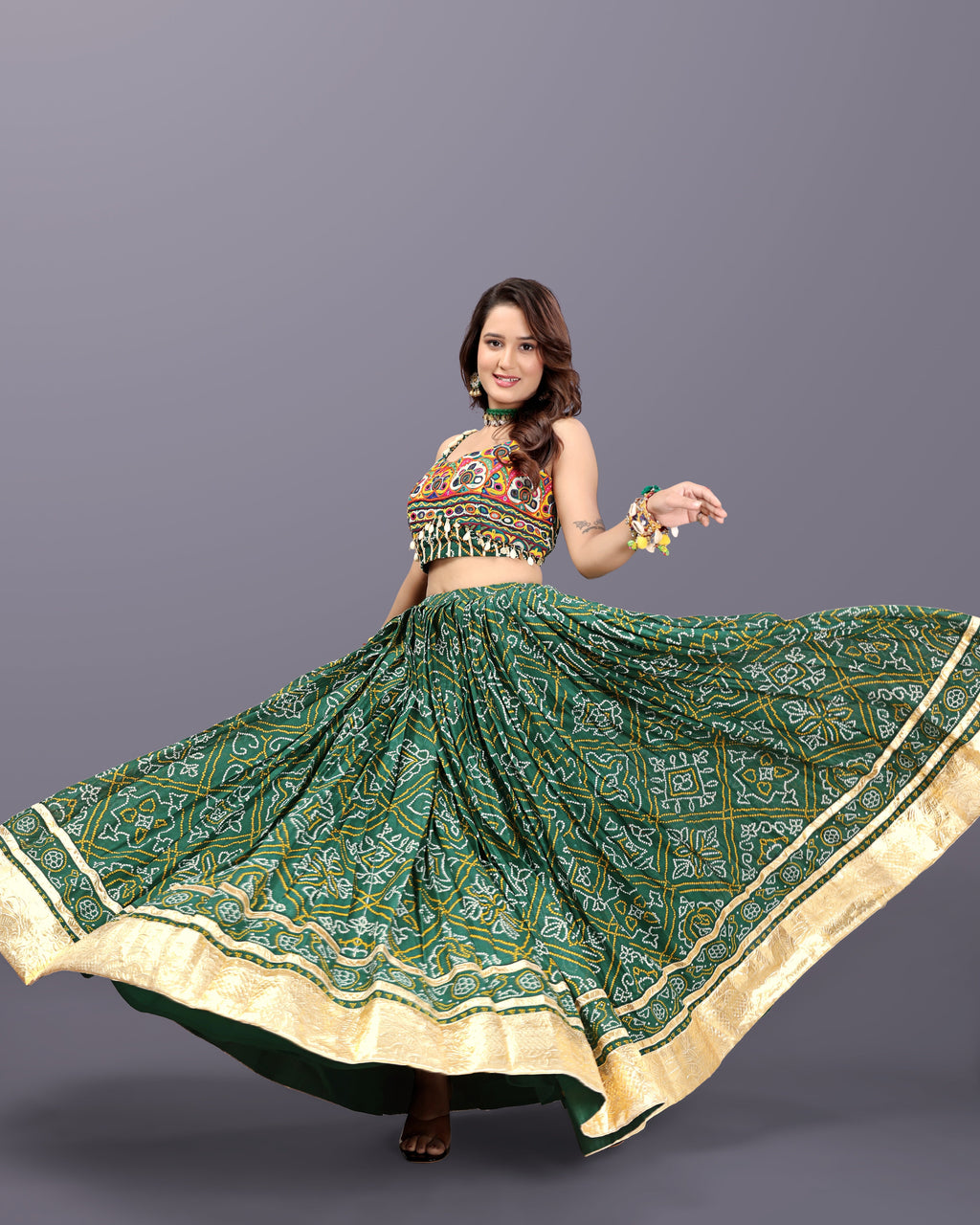 GREEN BANDHANI CHANIYA CHOLI RAAS'25 HANDMADEAHOLIC BY MISHKA