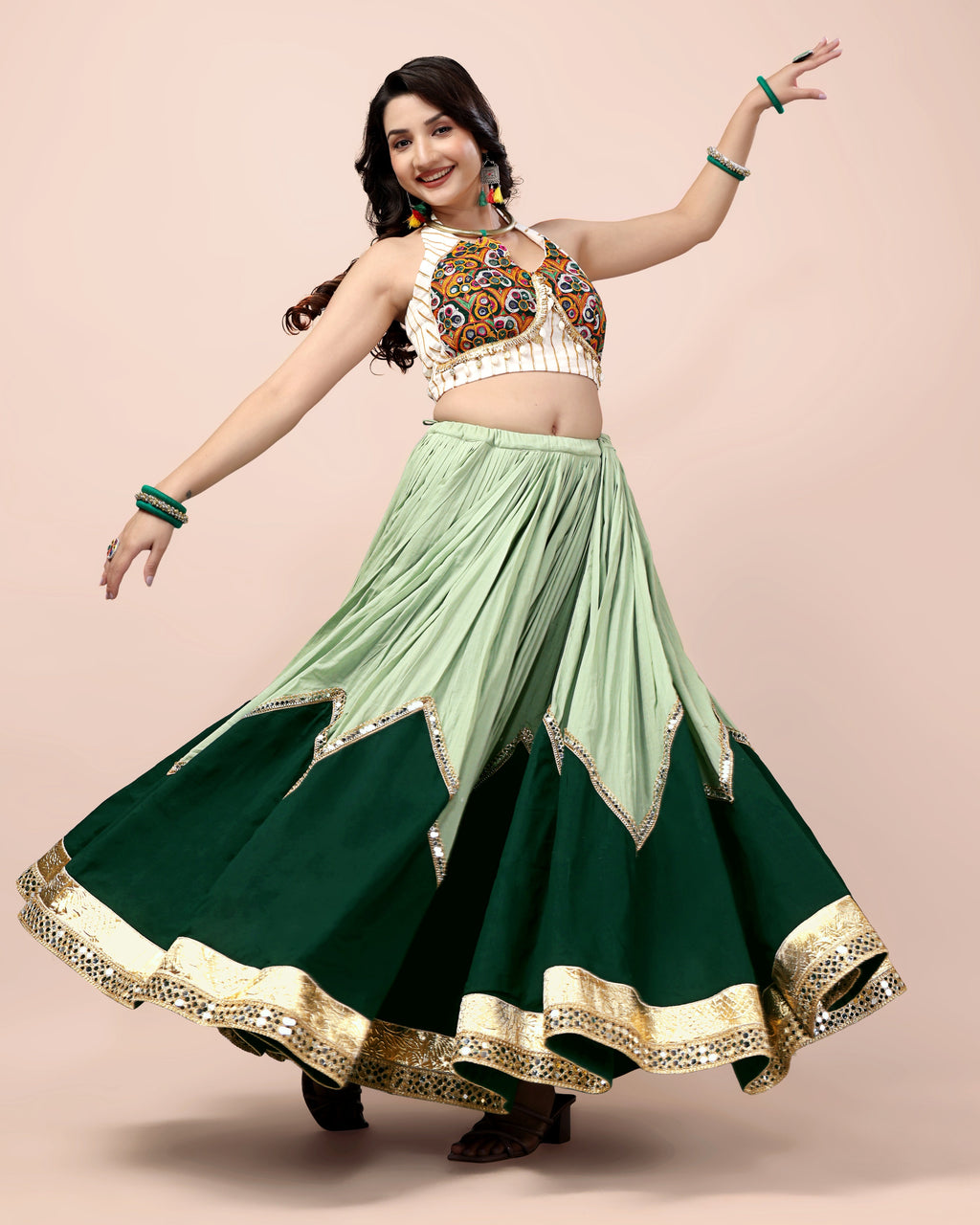 GREEN SKIRT WITH WHITE BLOUSE CHANIYA CHOLI RAAS'25 HANDMADEAHOLIC BY MISHKA