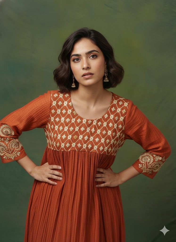 Rust Terracotta Chanderi Silk Anarkali Set – Hand-Embroidered Festive Kurta & Straight Pants HANDMADEAHOLIC BY MISHKA