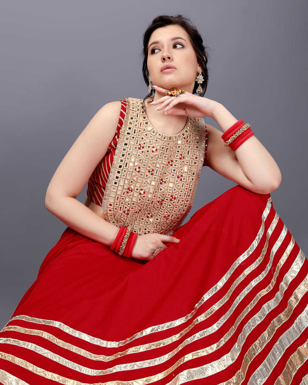 RED AND SKIN MIRROR CHANIYA CHOLI RAAS'25 HANDMADEAHOLIC BY MISHKA