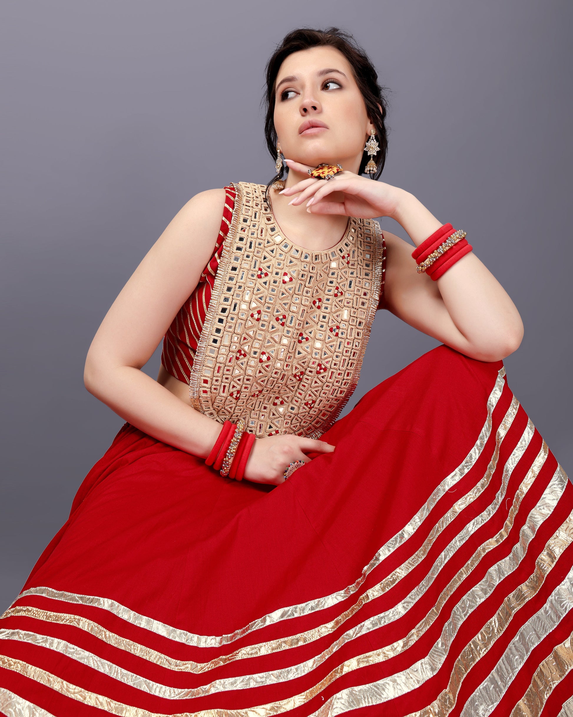 RED AND SKIN MIRROR CHANIYA CHOLI RAAS'25 HANDMADEAHOLIC BY MISHKA