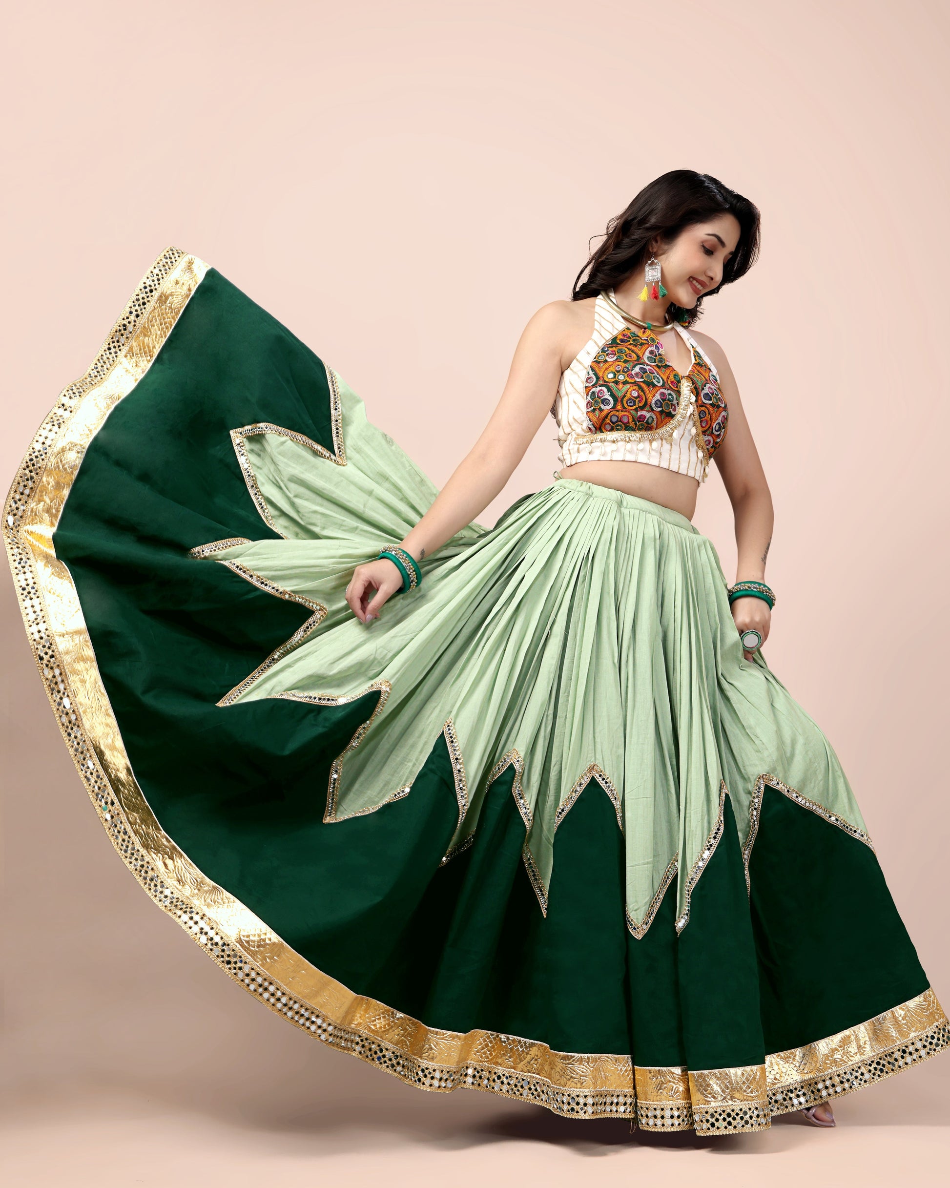 GREEN SKIRT WITH WHITE BLOUSE CHANIYA CHOLI RAAS'25 HANDMADEAHOLIC BY MISHKA