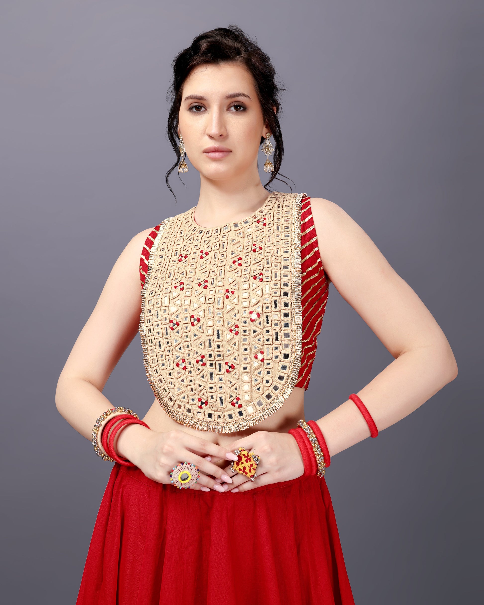 RED AND SKIN MIRROR CHANIYA CHOLI RAAS'25 HANDMADEAHOLIC BY MISHKA