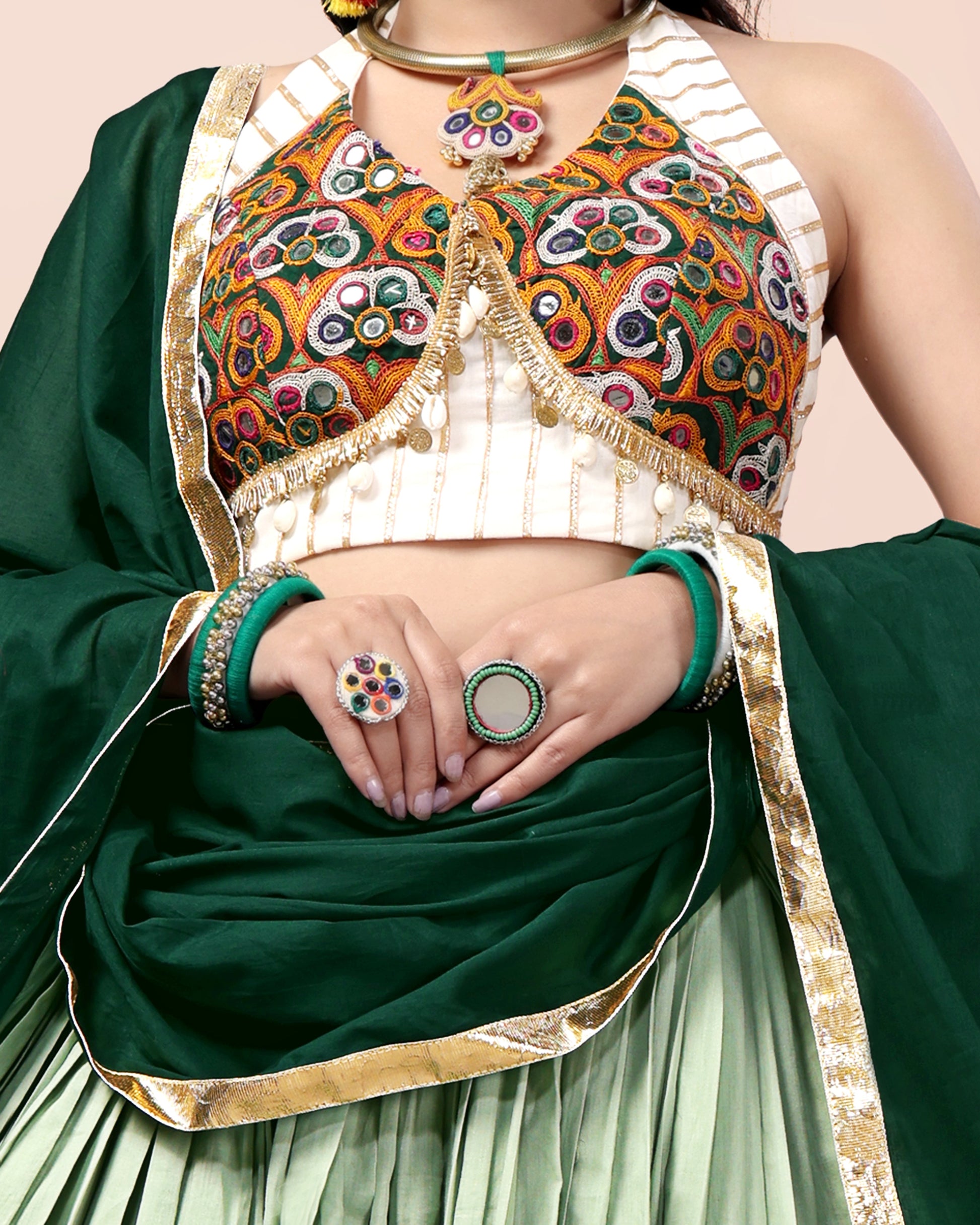GREEN SKIRT WITH WHITE BLOUSE CHANIYA CHOLI RAAS'25 HANDMADEAHOLIC BY MISHKA