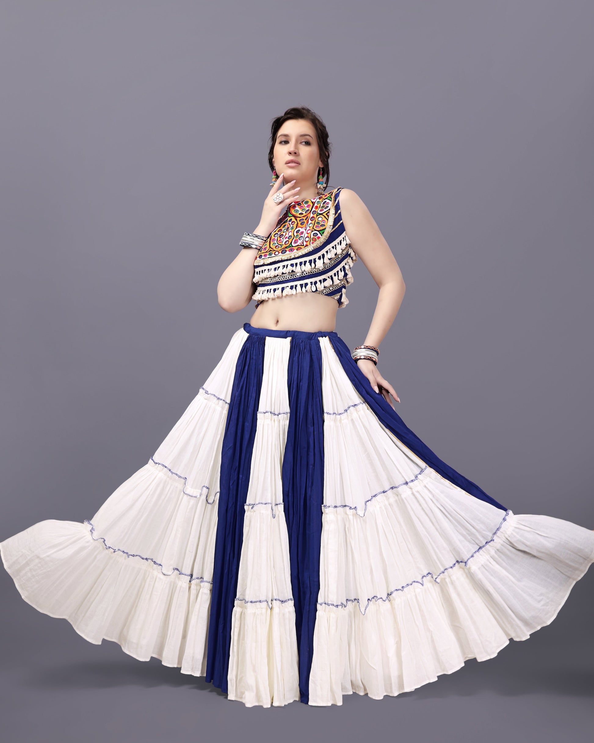 BLUE AND OFF WHITE CHANIYA CHOLI RAAS'25 HANDMADEAHOLIC BY MISHKA