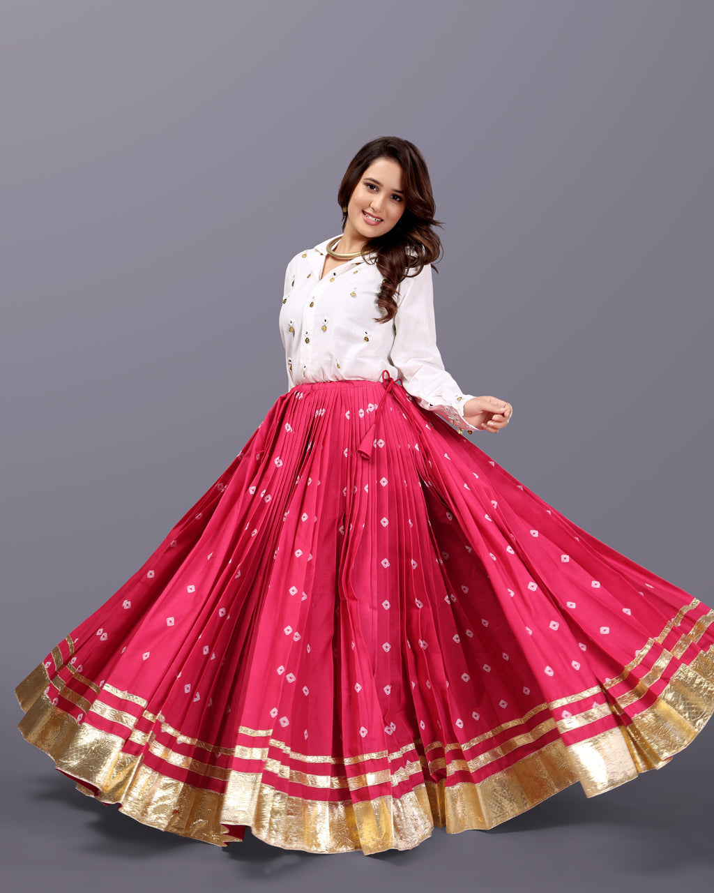 PINK BANDHANI SKIRT WITH WHITE SHIRT RAAS'25 HANDMADEAHOLIC BY MISHKA