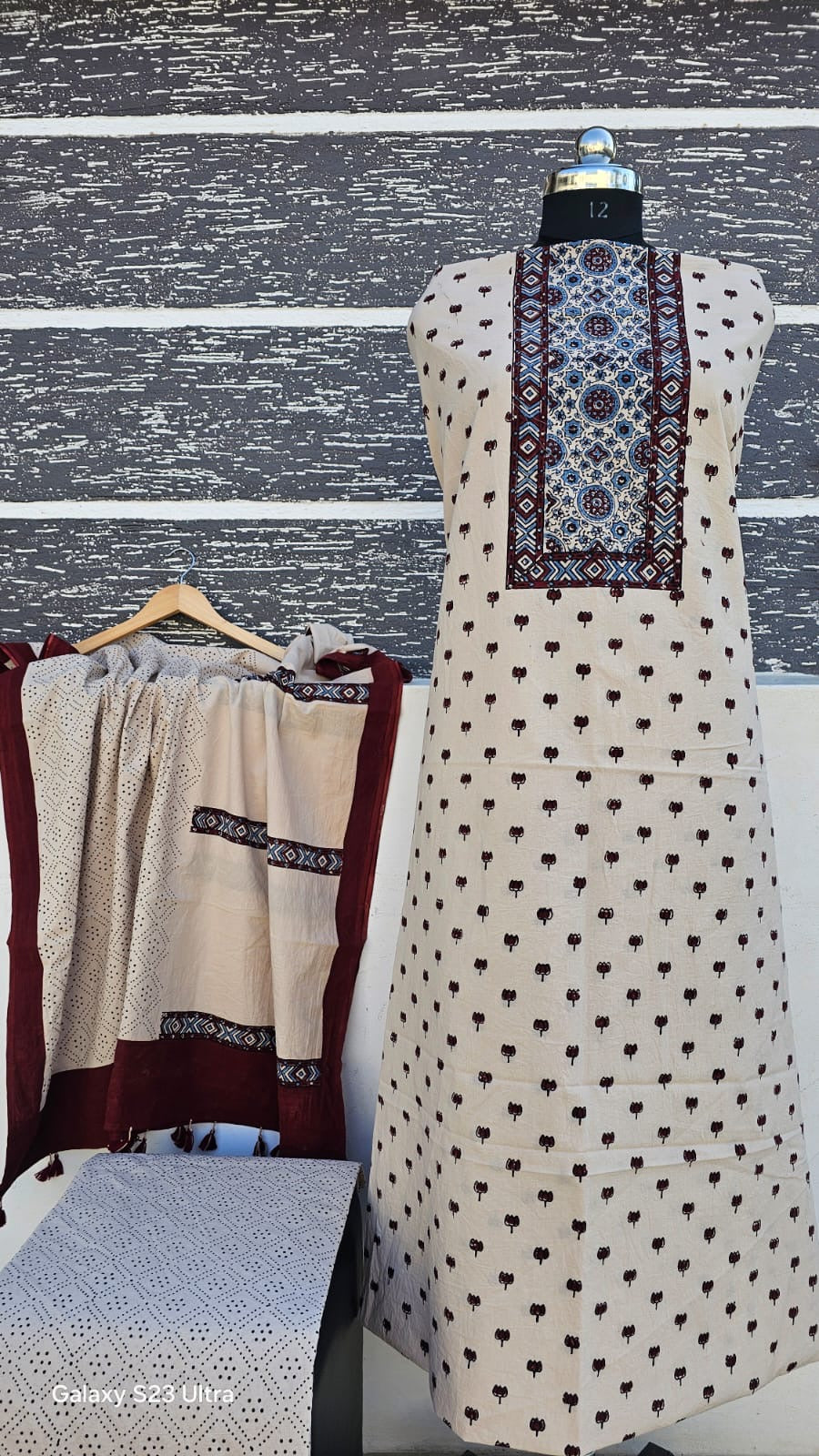 Hand-Block Printed Ajrakh Cotton Unstitched Suit Set – Earthy Maroon & Ivory Geometrics