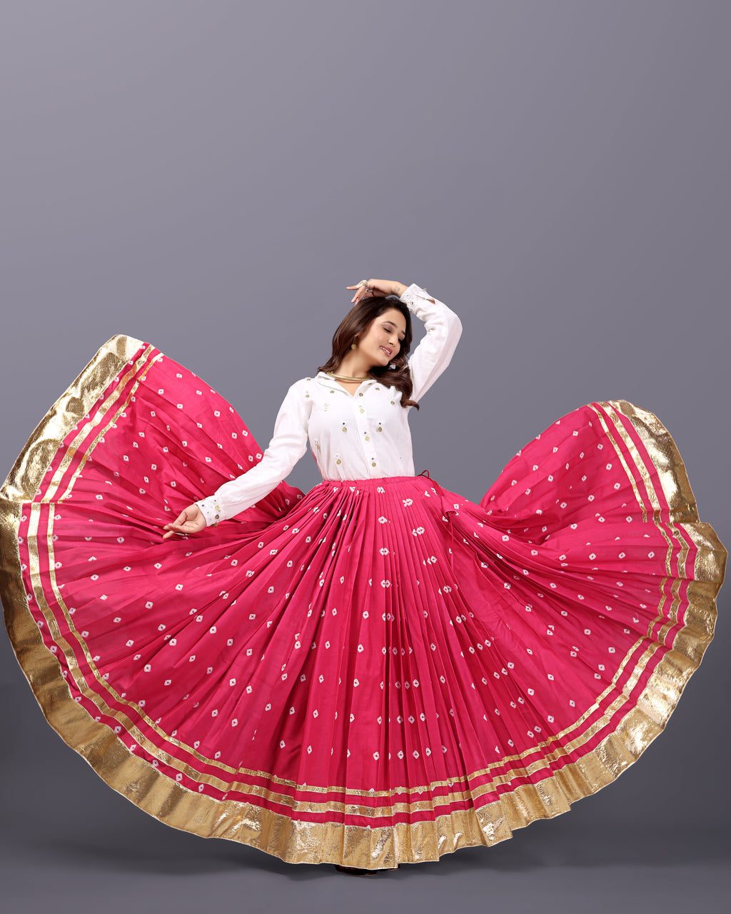 PINK BANDHANI SKIRT WITH WHITE SHIRT RAAS'25 HANDMADEAHOLIC BY MISHKA