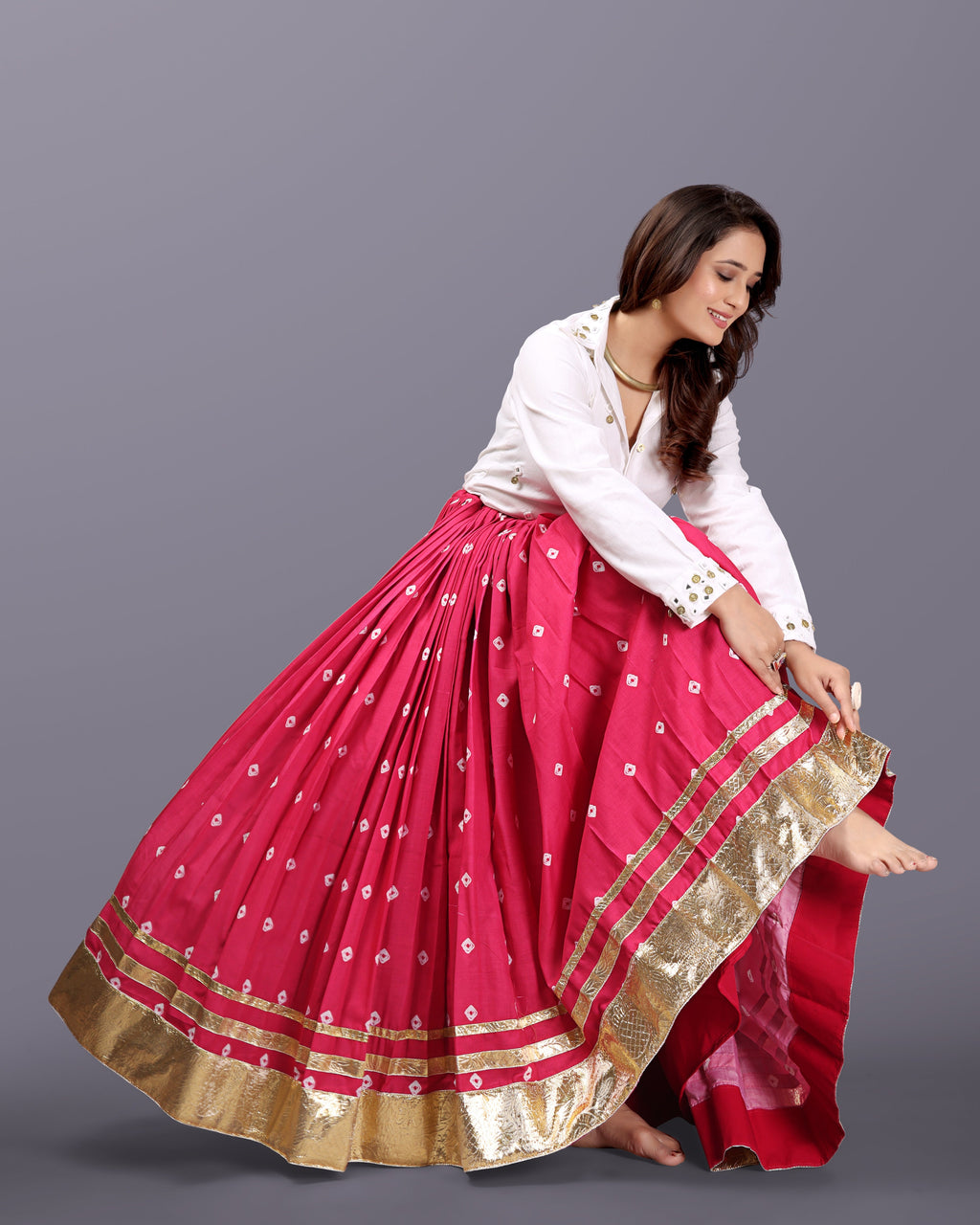 PINK BANDHANI SKIRT WITH WHITE SHIRT RAAS'25 HANDMADEAHOLIC BY MISHKA