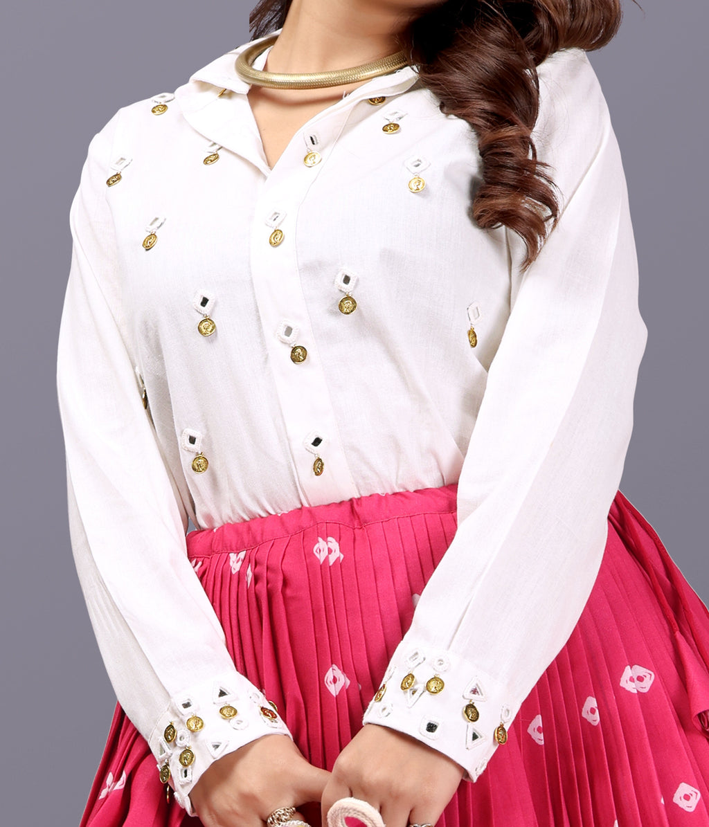 PINK BANDHANI SKIRT WITH WHITE SHIRT RAAS'25 HANDMADEAHOLIC BY MISHKA