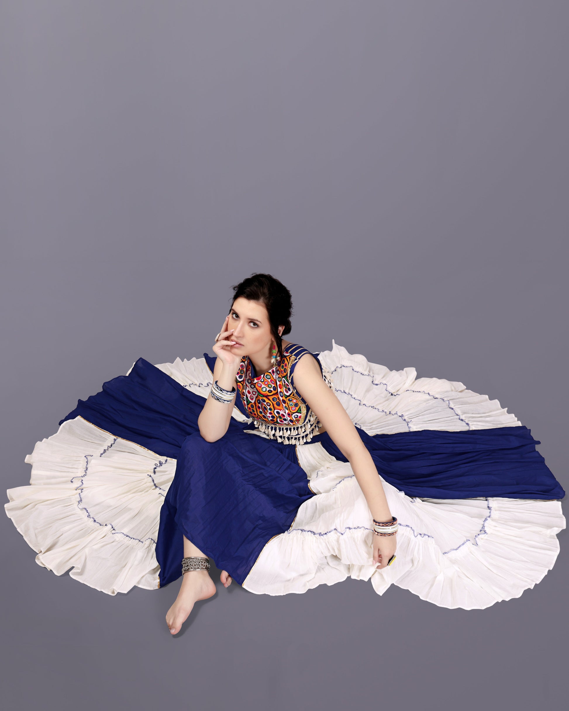 BLUE AND OFF WHITE CHANIYA CHOLI RAAS'25 HANDMADEAHOLIC BY MISHKA