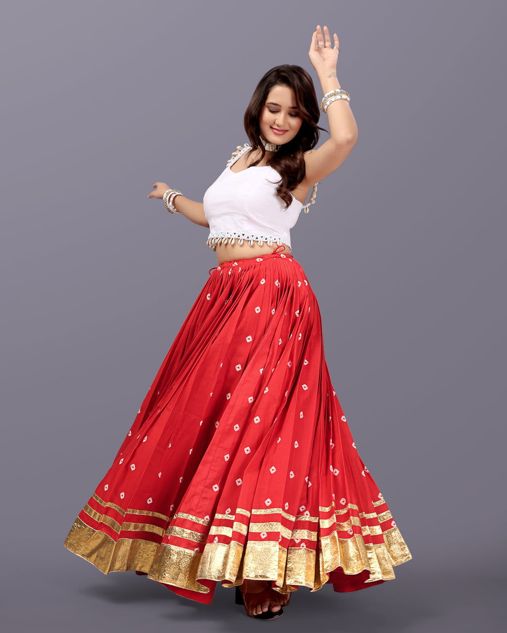 RED BANDHANI SKIRT WITH WHITE BLOUSE CHANIYA CHOLI RAAS'25 HANDMADEAHOLIC BY MISHKA
