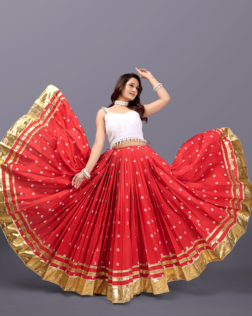 RED BANDHANI SKIRT WITH WHITE BLOUSE CHANIYA CHOLI RAAS'25 HANDMADEAHOLIC BY MISHKA