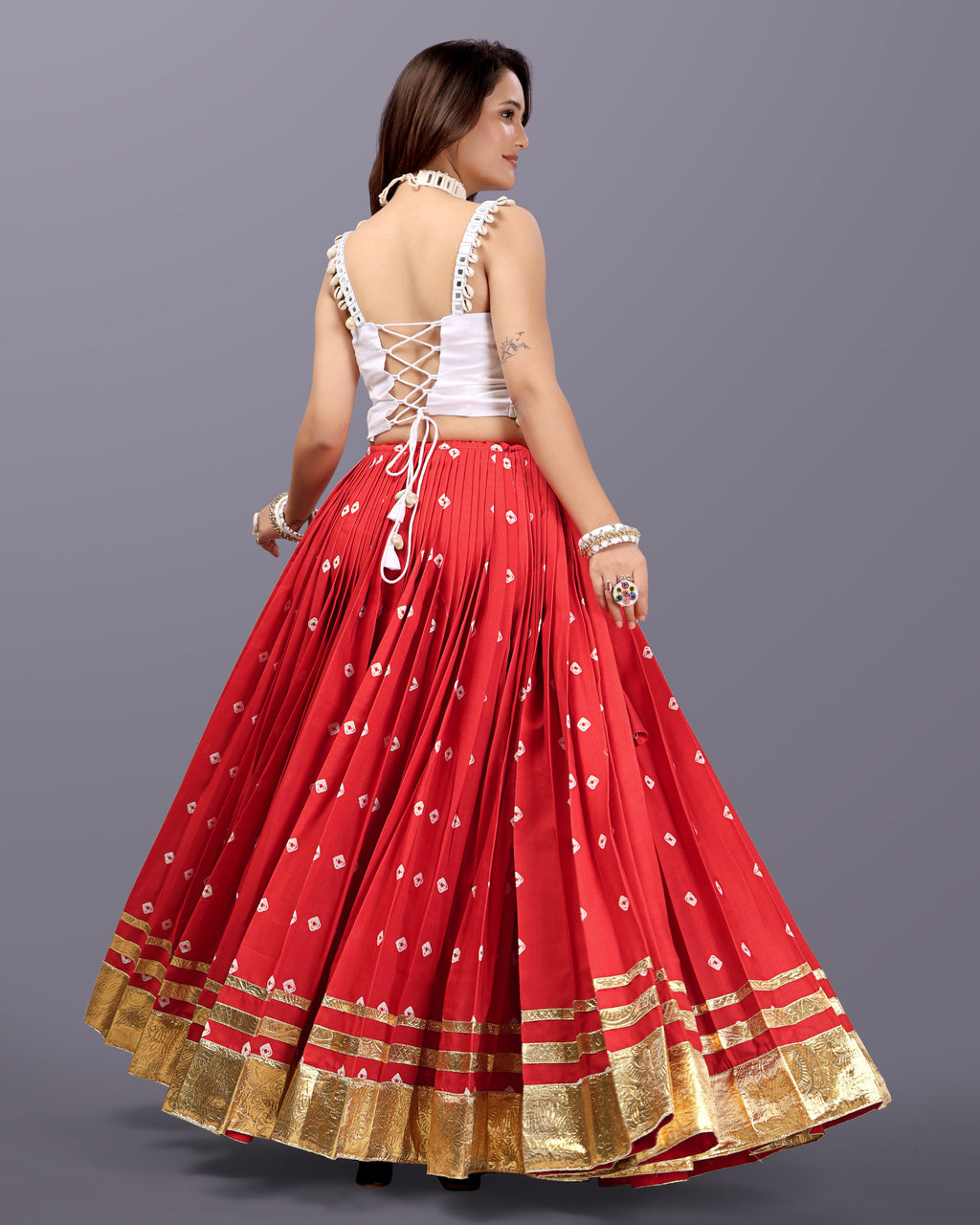 RED BANDHANI SKIRT WITH WHITE BLOUSE CHANIYA CHOLI RAAS'25 HANDMADEAHOLIC BY MISHKA